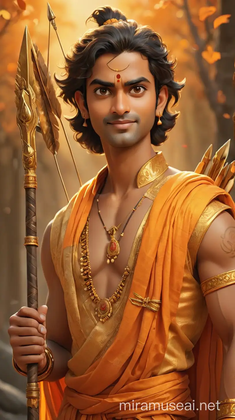 Joyful Prince Lord Sri Rama in Traditional Gold and Orange Attire with Decorative Bow and Arrow