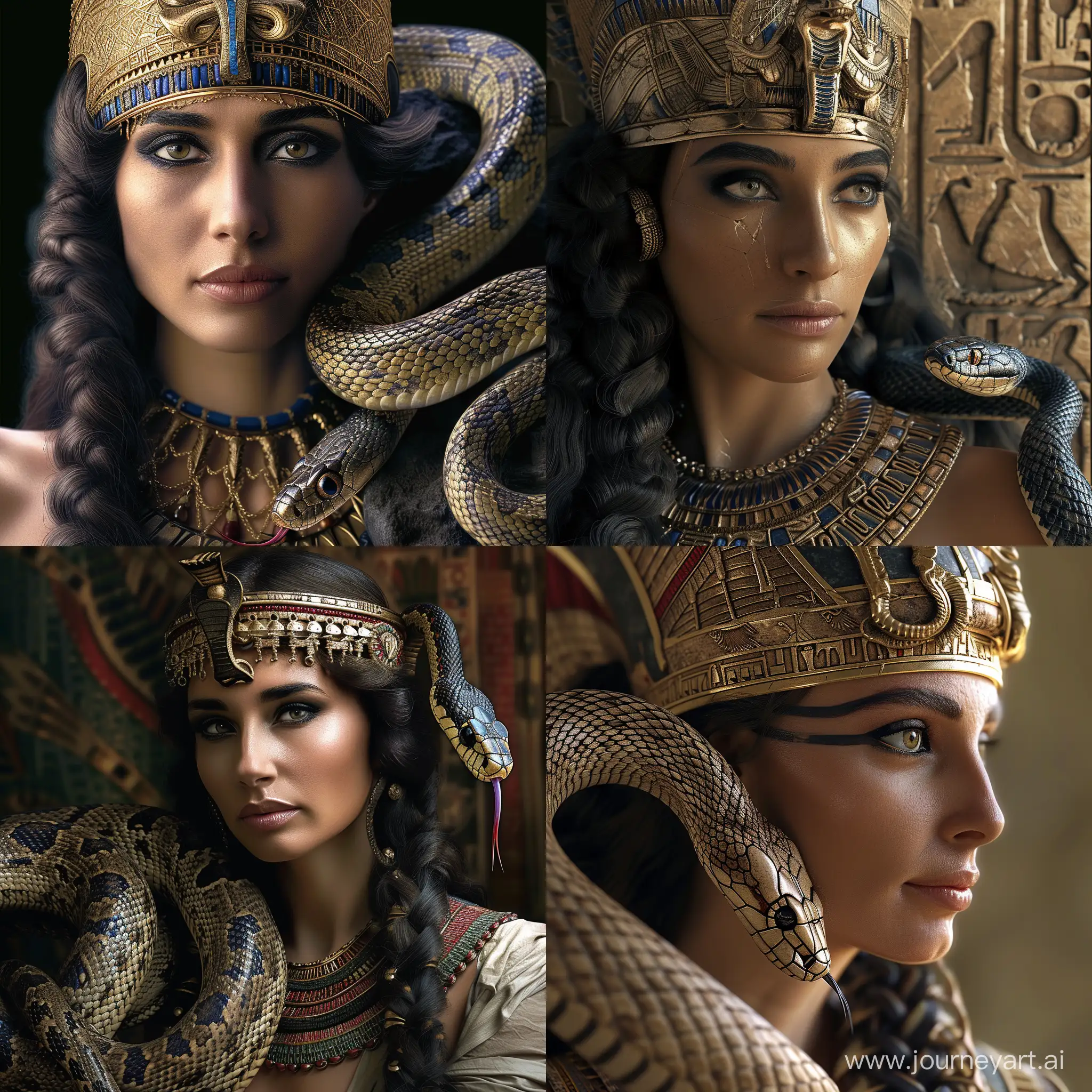 Portrait of Cleopatra VII and an Egyptian Cobra Asp. Impressive detailed realistic image.