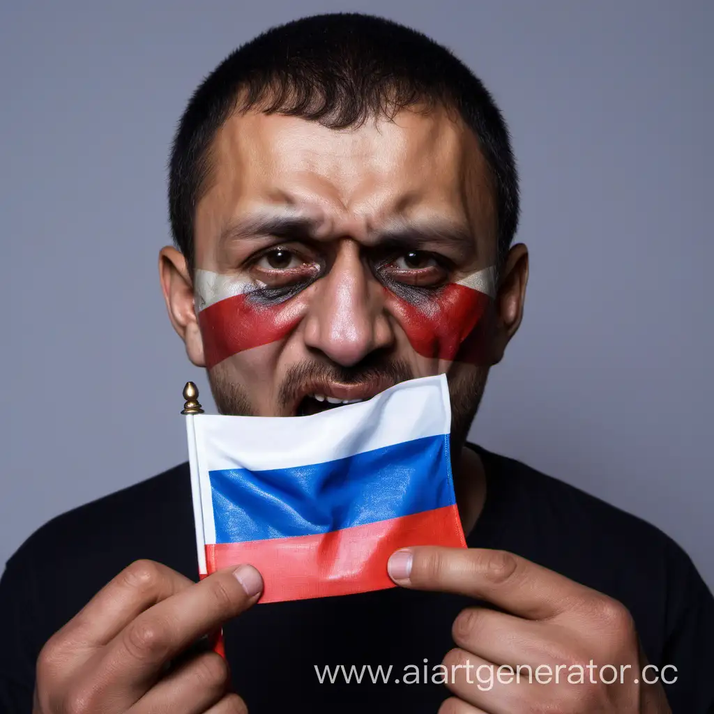Хач с говном под губой и российским флагом в руках вид у лица