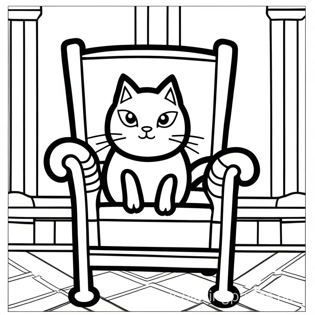 a white cat with crossed eyes on a chair, Coloring Page, black and white, line art, white background, Simplicity, Ample White Space. The background of the coloring page is plain white to make it easy for young children to color within the lines. The outlines of all the subjects are easy to distinguish, making it simple for kids to color without too much difficulty