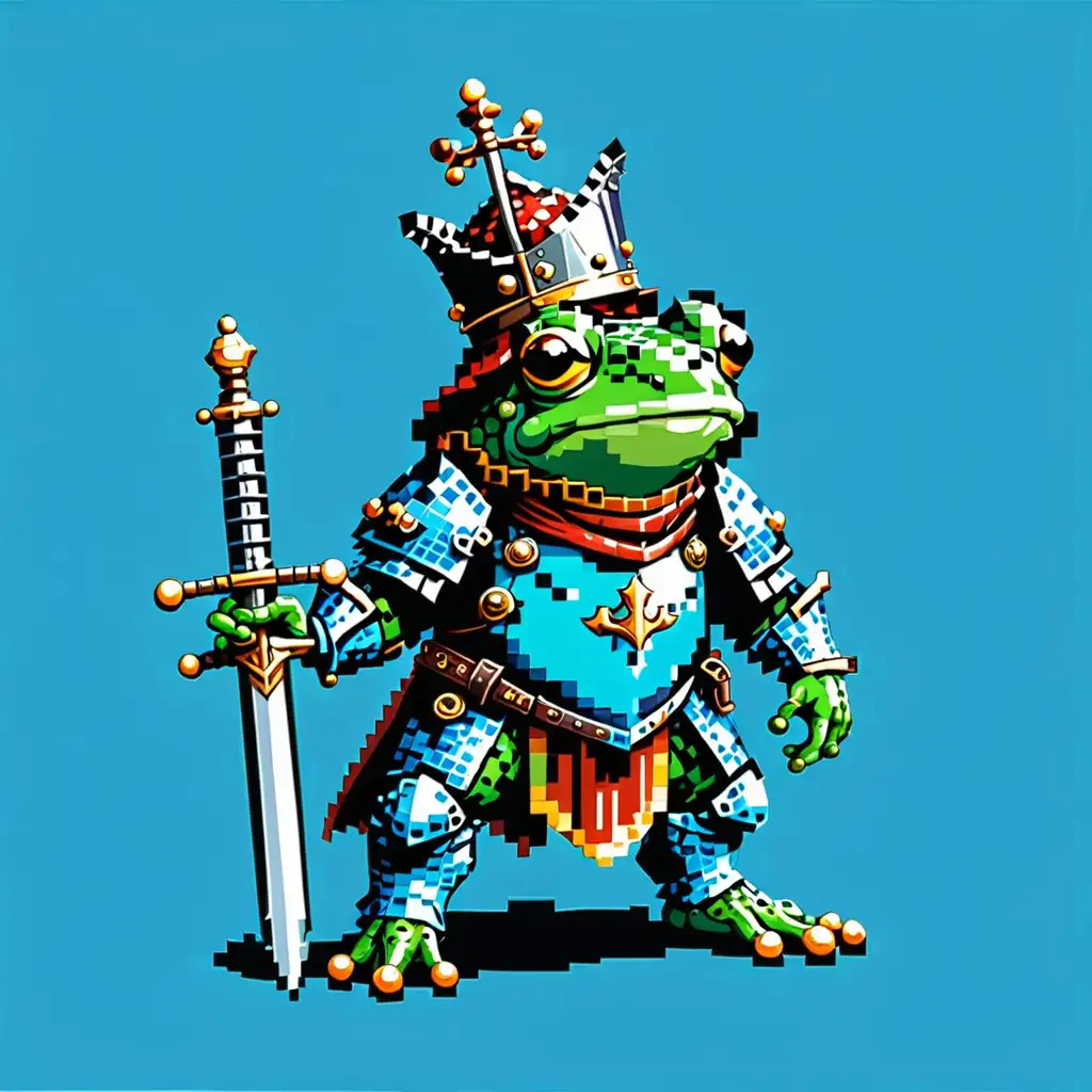 Pixel Art Little Frog Knight in a Serene Blue Environment