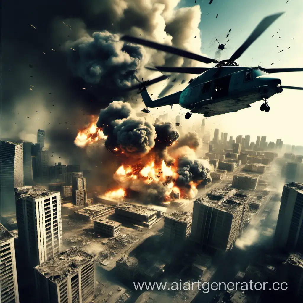 Destroyed city, explosions, falling helicopter, battles