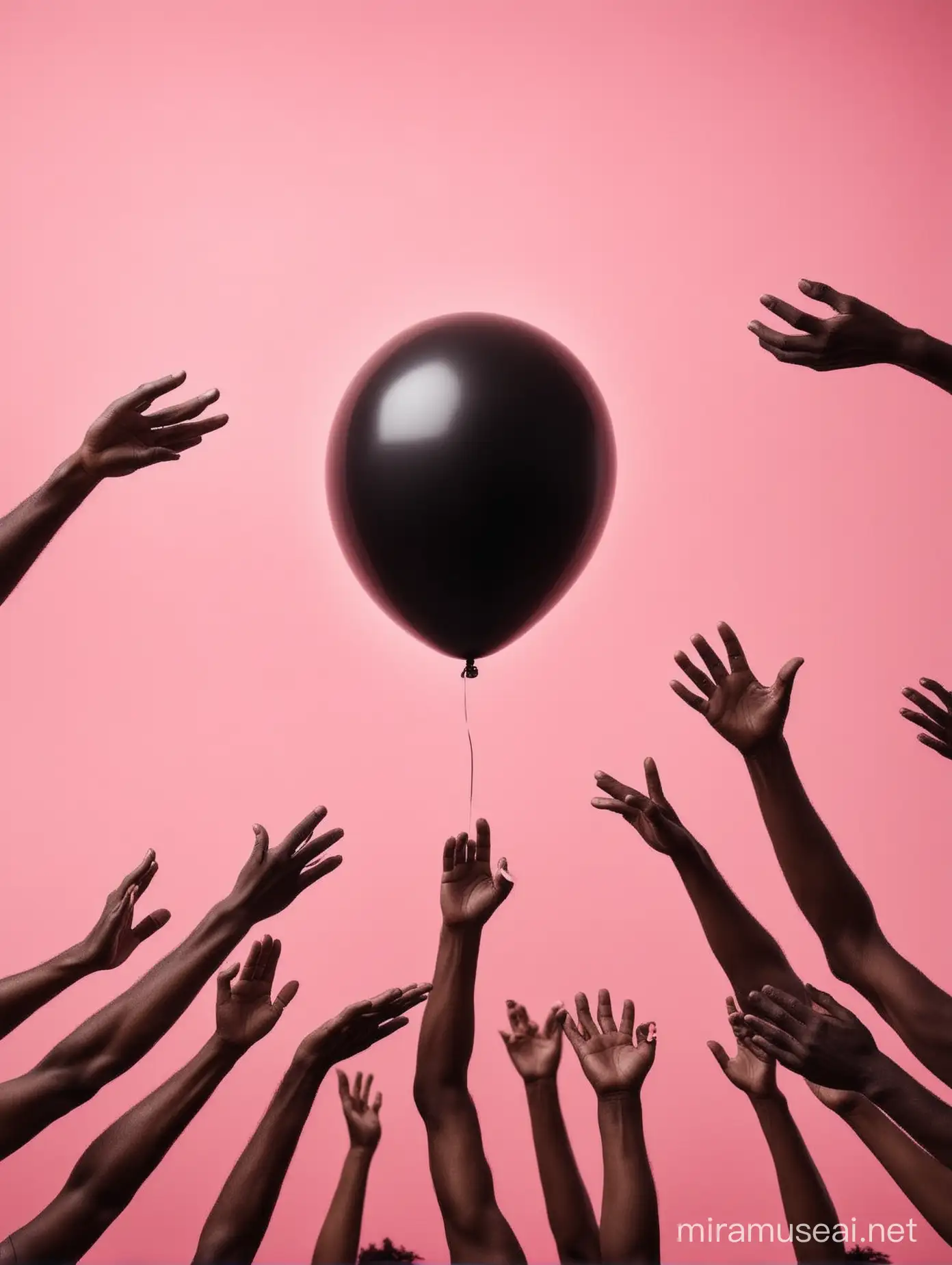 Mens Hands Reaching for Burning Black Balloon on Glossy Pink Background