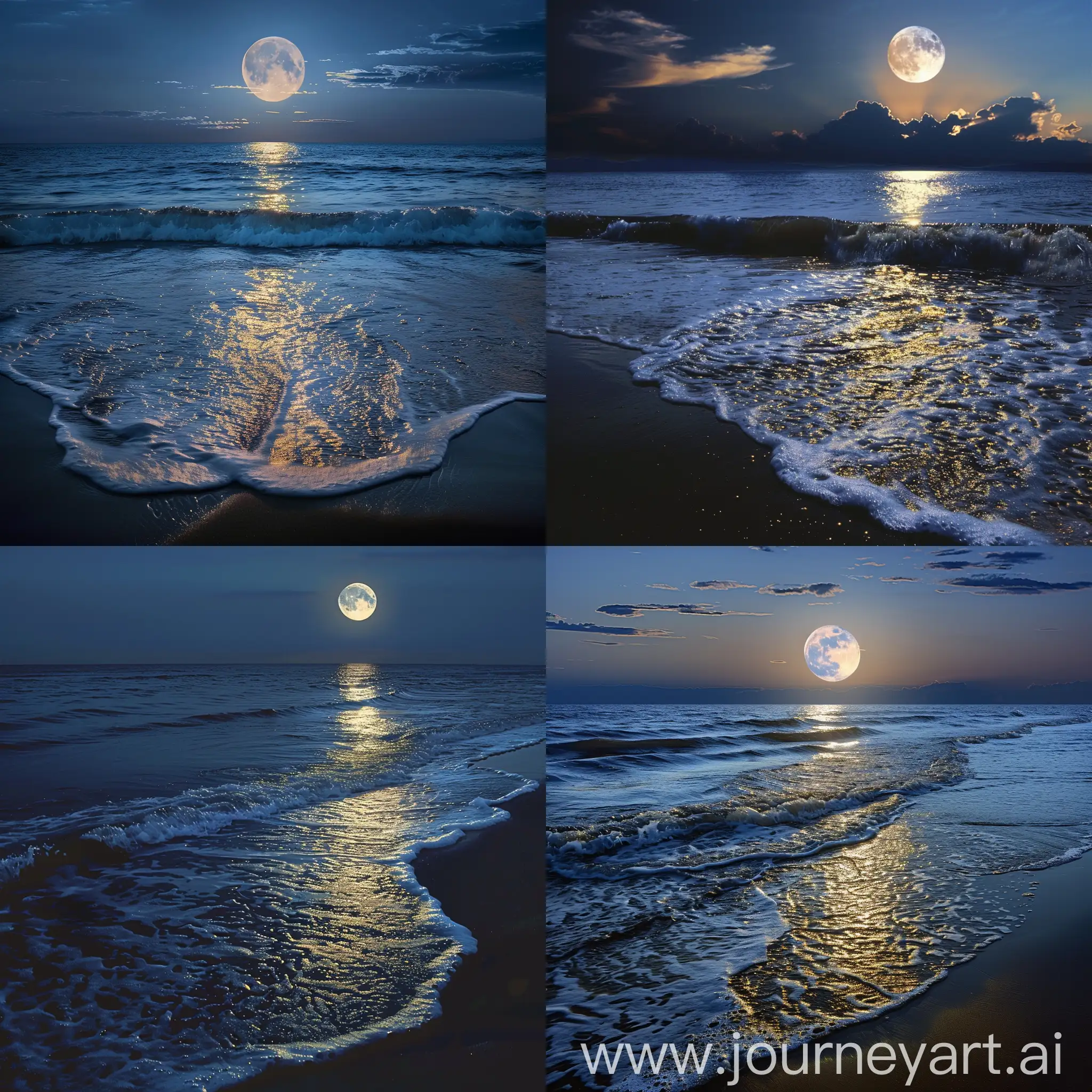 Feature a serene moonlit night with gentle waves lapping against a peaceful shore. Capture the reflection of moonlight on the water.