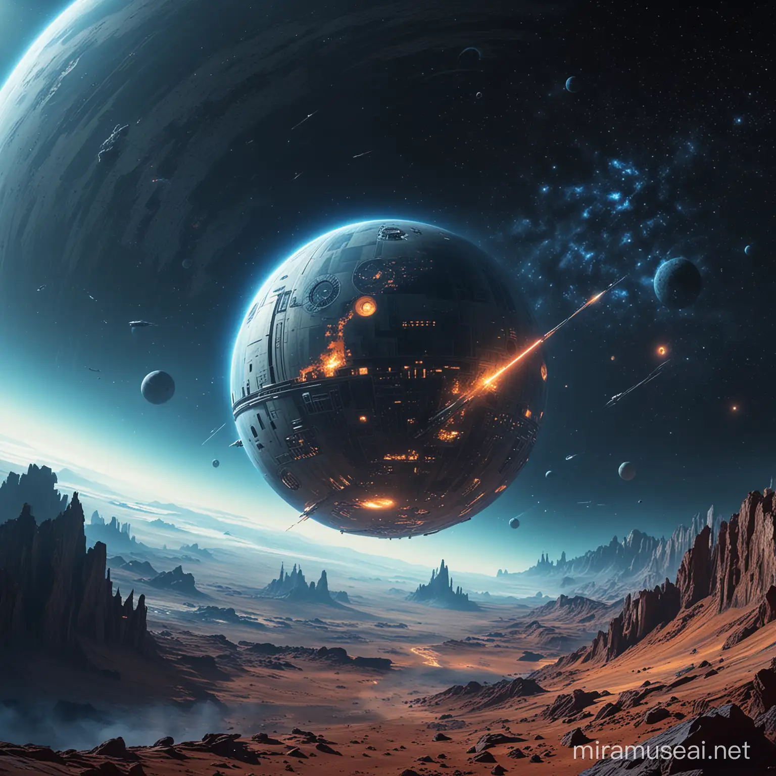 star wars inspired planet in space. modern, high tech. warm and blue tone
