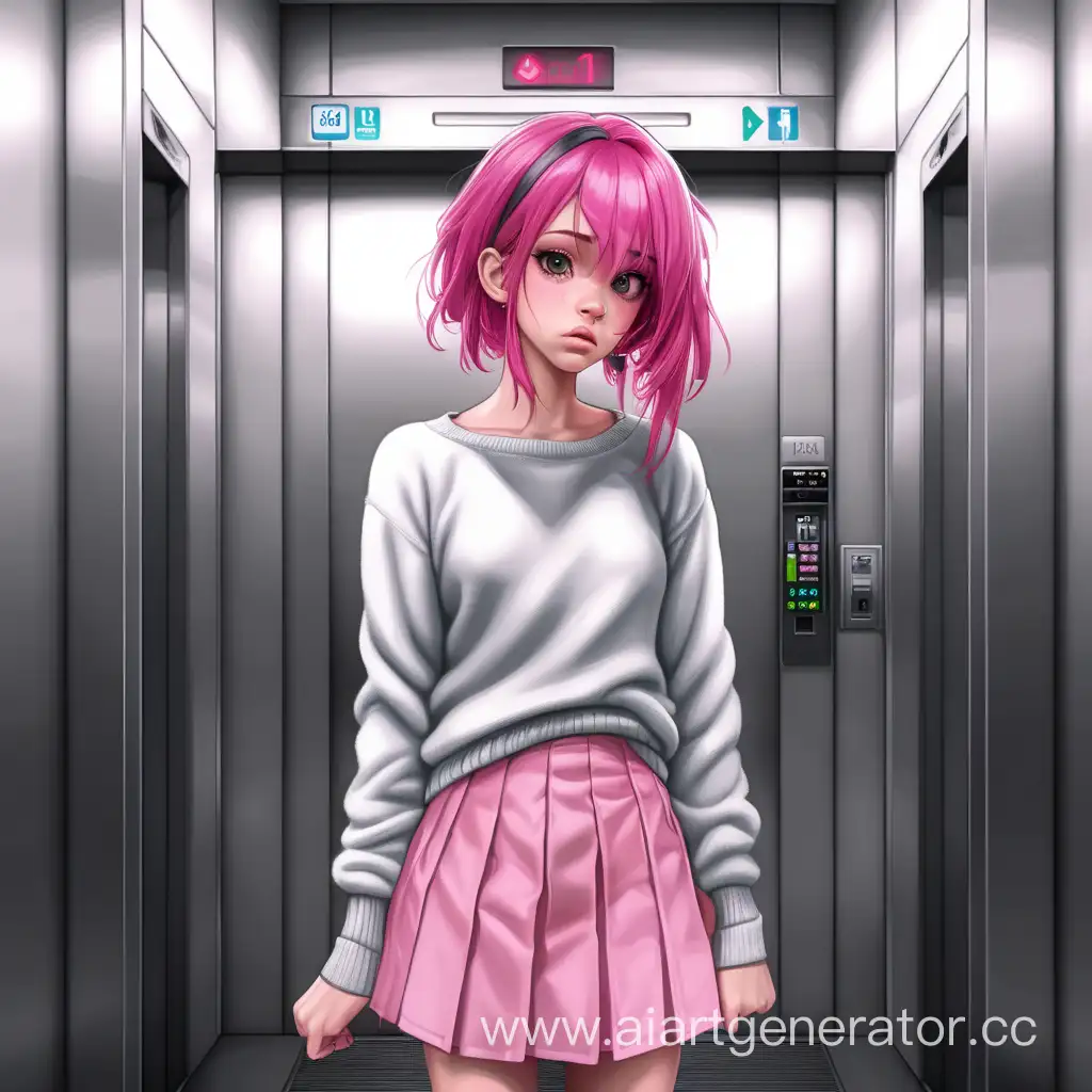 Lonely-Girl-in-Elevator-PinkHaired-Figure-in-Skirt-and-Tight-Sweater