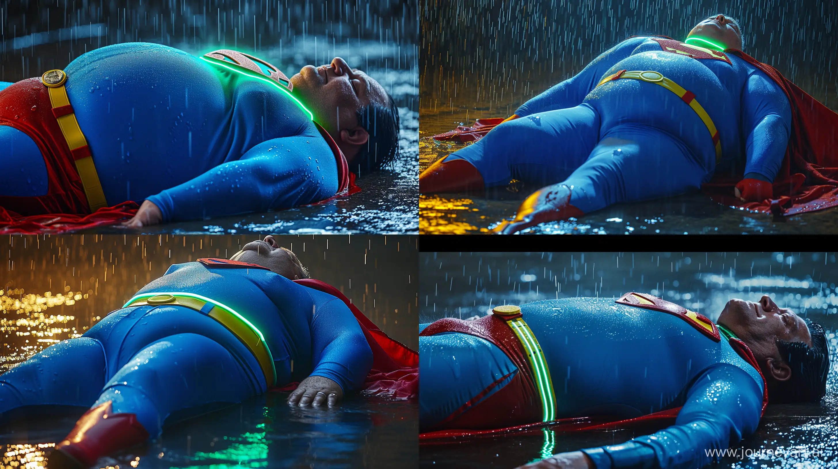 Close-up photo of a fat man aged 60 wearing a tight blue 1978 smooth superman costume with a red cape and tight green glowing neon dog collar lying in the rain. Blue shirt. Blue pants. Red boots. Red Trunks. Yellow Belt. Natural Light. River. --style raw --ar 16:9