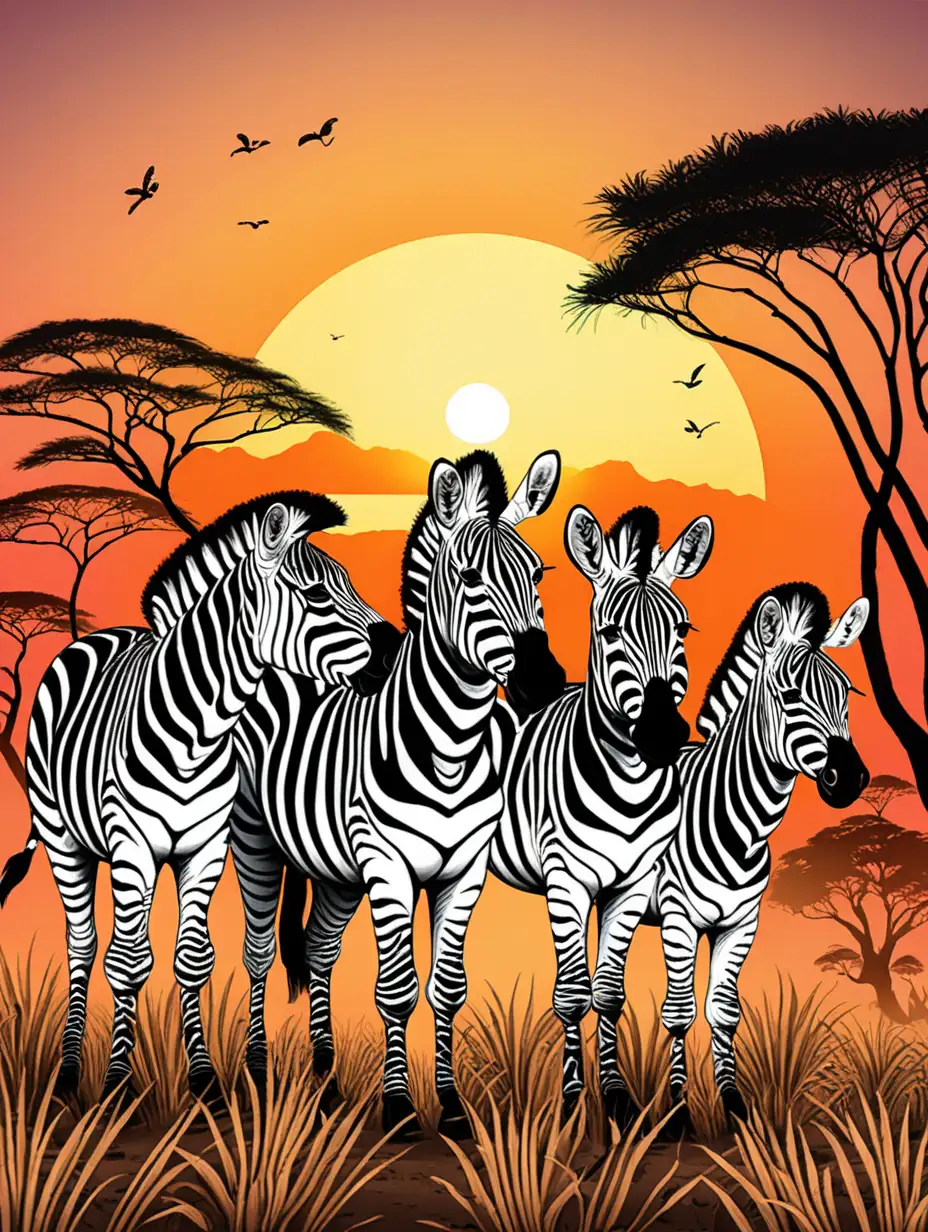 can you illustrate me a group of zebras in the african jungle with a sunset background