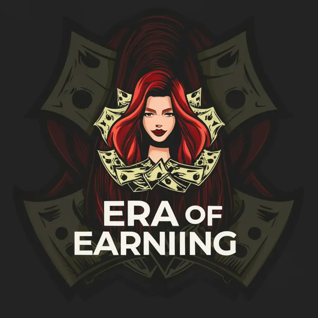 a logo design, with the text 'Era of Earning', main symbol: dark red hair, cash, Moderate, be used in Internet industry, clear background