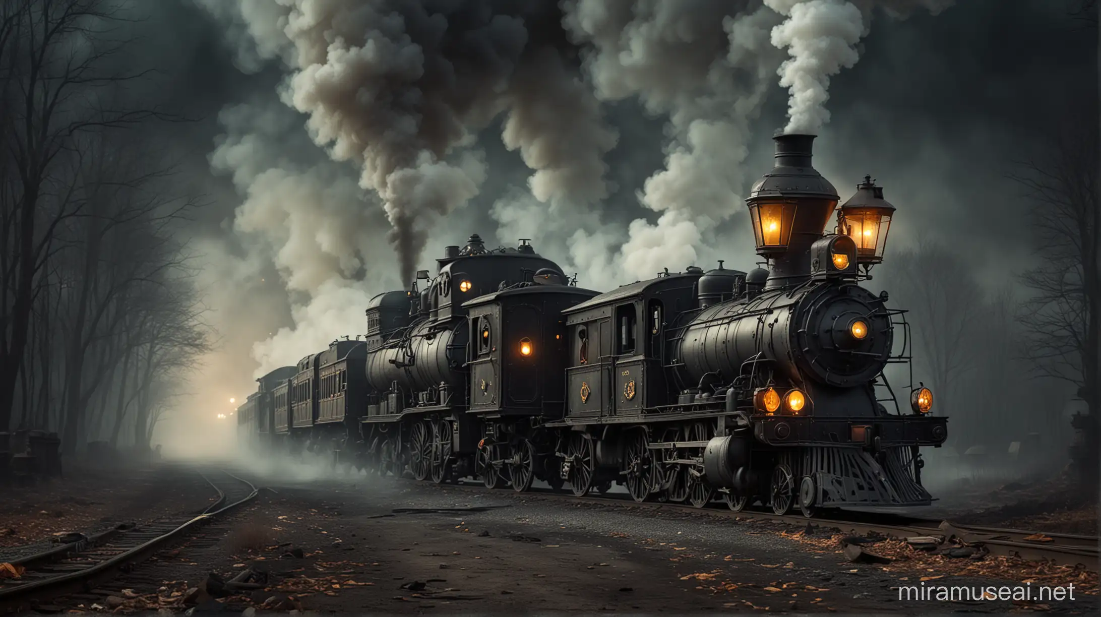 Eerie Steampunk Halloween Train Amidst Creepy Atmosphere and Smoke