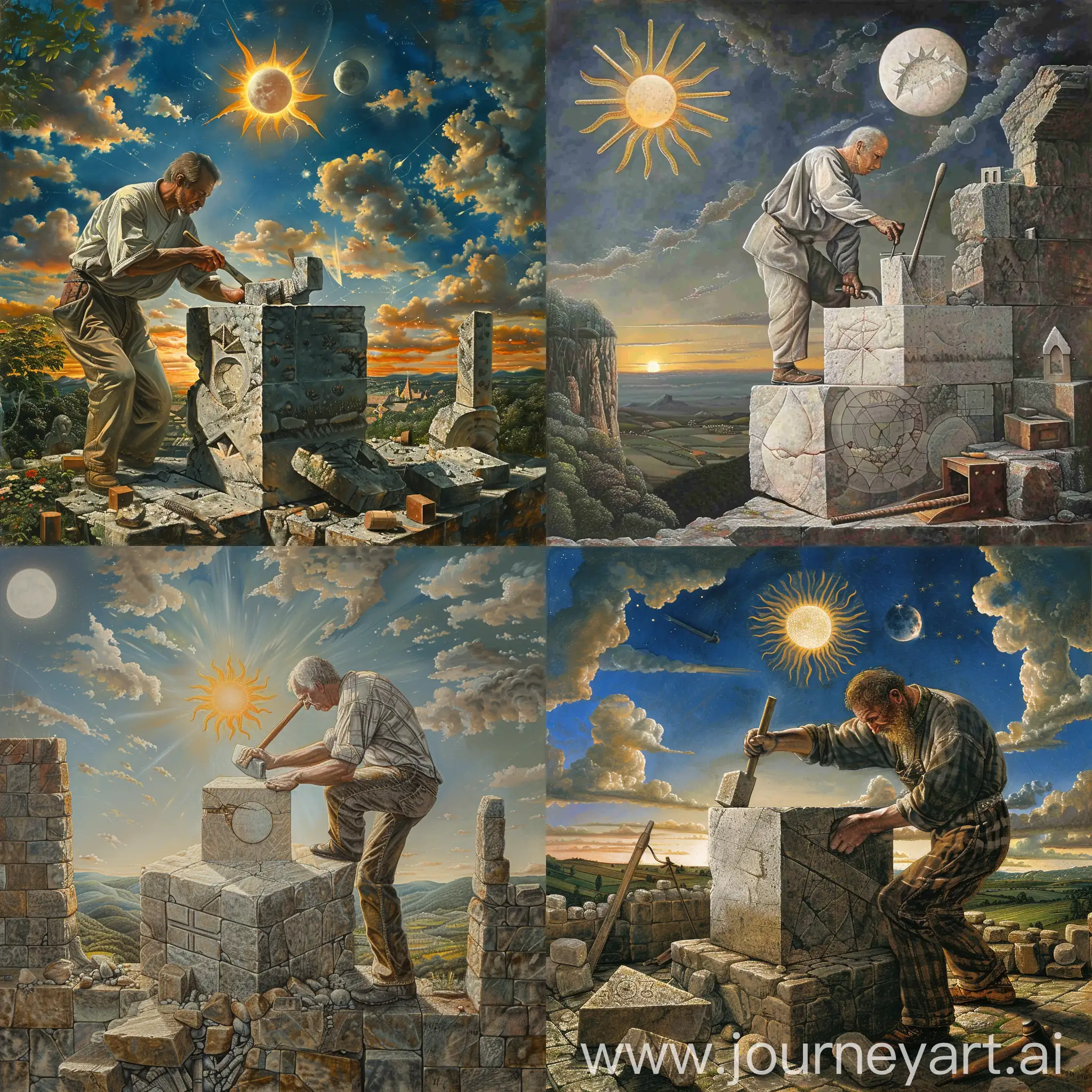 a mason carving a stone cube with a chisel and a hammer and in the sky you can see the sun and the moon in the style of Pierro de la Francesca's painting