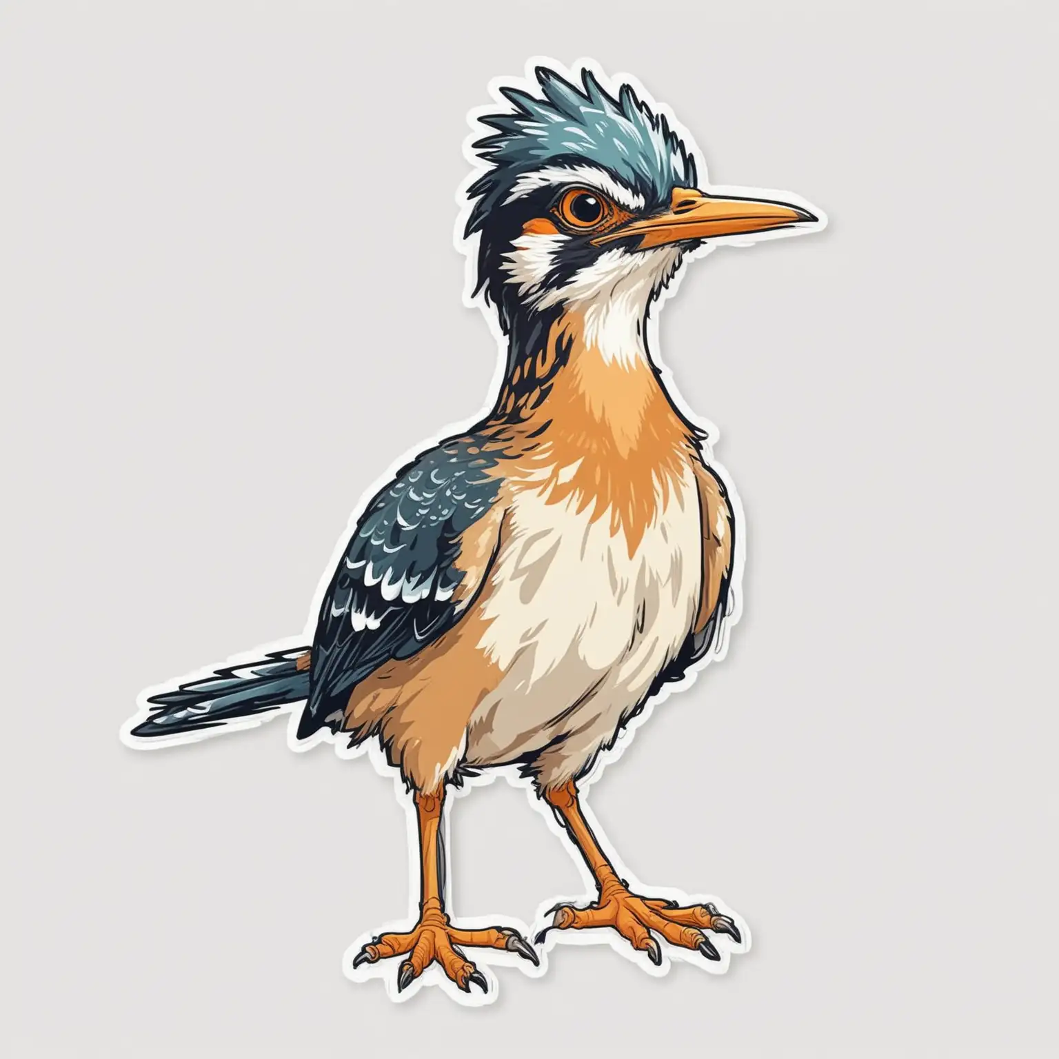 Sticker of a cute Roadrunner bird full body, caricature style, bold lines, Die-cut sticker, vector, white background, isolated on a white background