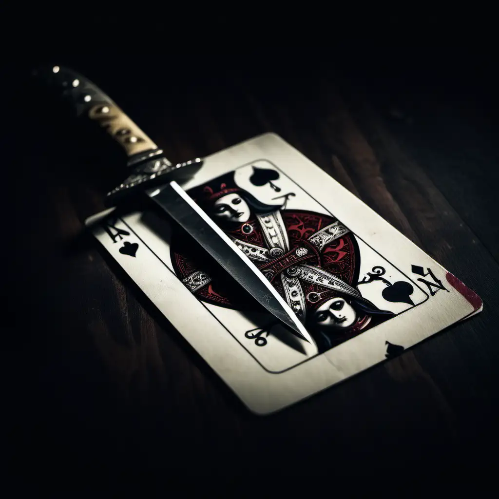  knife stabbing a old playing card, , errie, dark lighting