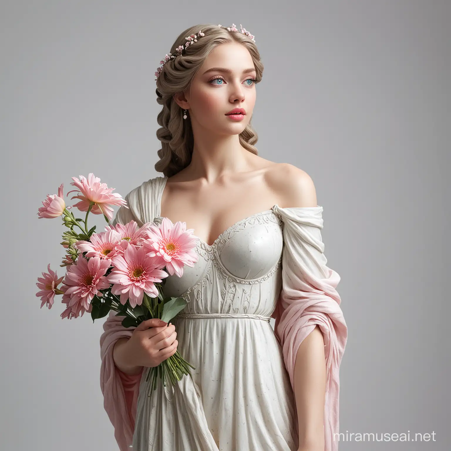 on a white background - stone statue of a beautiful woman in full height with a flower in her hands, in a long flying dress, but the face is alive, real blue eyes, long eyelashes, pink lips, skin with a blush