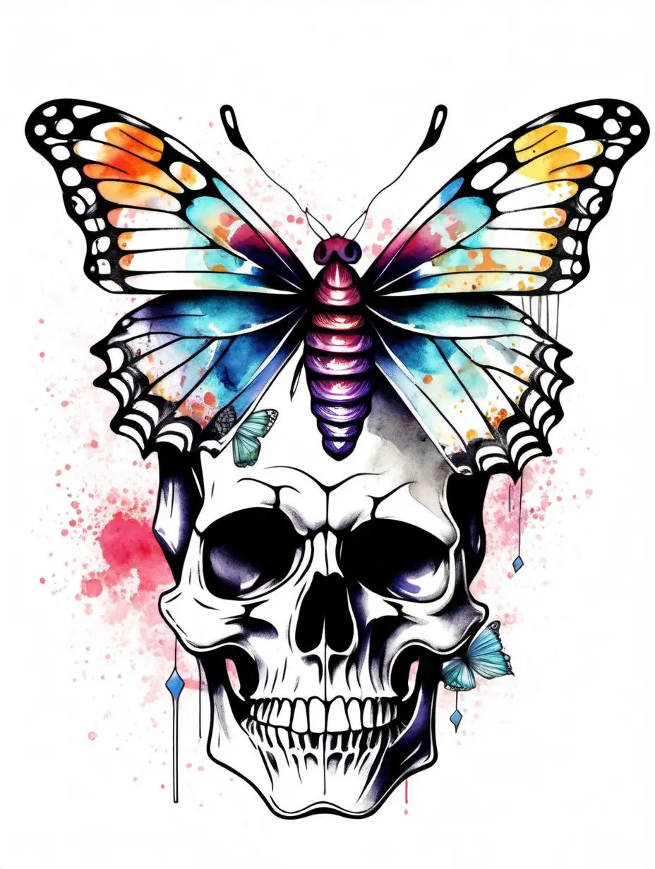 skull, butterfly, illustration, linear illustration, hypercolor watercolor, stylish tattoo on a white background