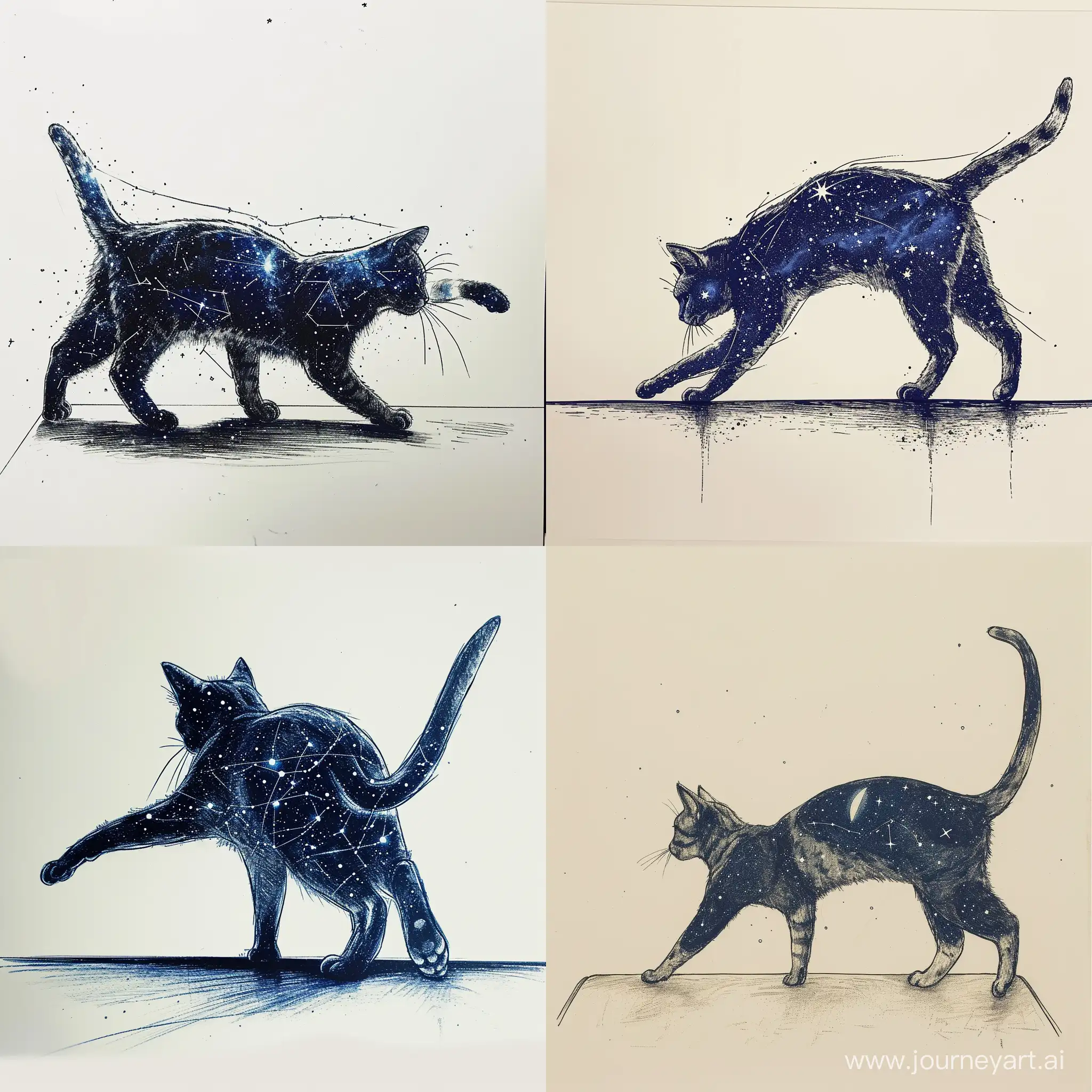 A cat is walking on the table. The viewer sees the cat from behind, the back view. The cat has stretched its front paw towards something. The cat has space dark blue coloring with stars inside the cat. The picture itself is white. The drawing is made in the style of a primitive sketch for a children’s picture, but carefully and without losing quality.