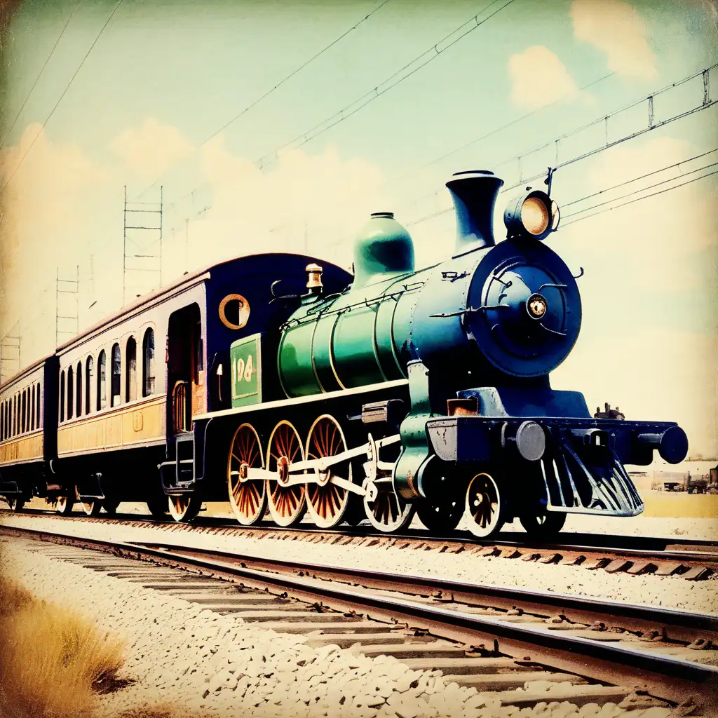 1914 train on a tracks, vintage style, retro look, make it look like a painting, less saturated colors profile view