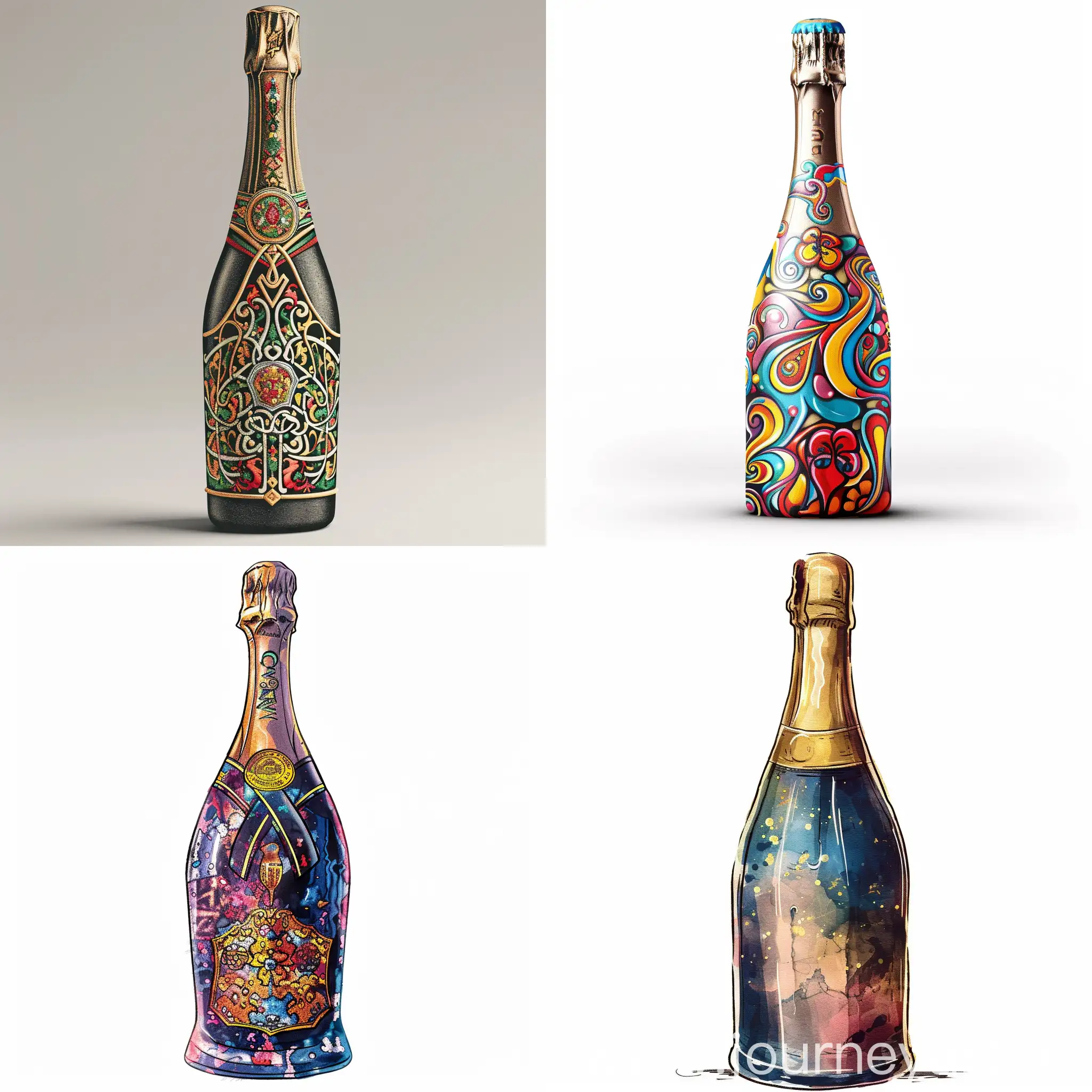 Ancient bottle of champagne, wine, beer, complex colors, on a white background, illustration, on a white background, Arthur Wrexham style