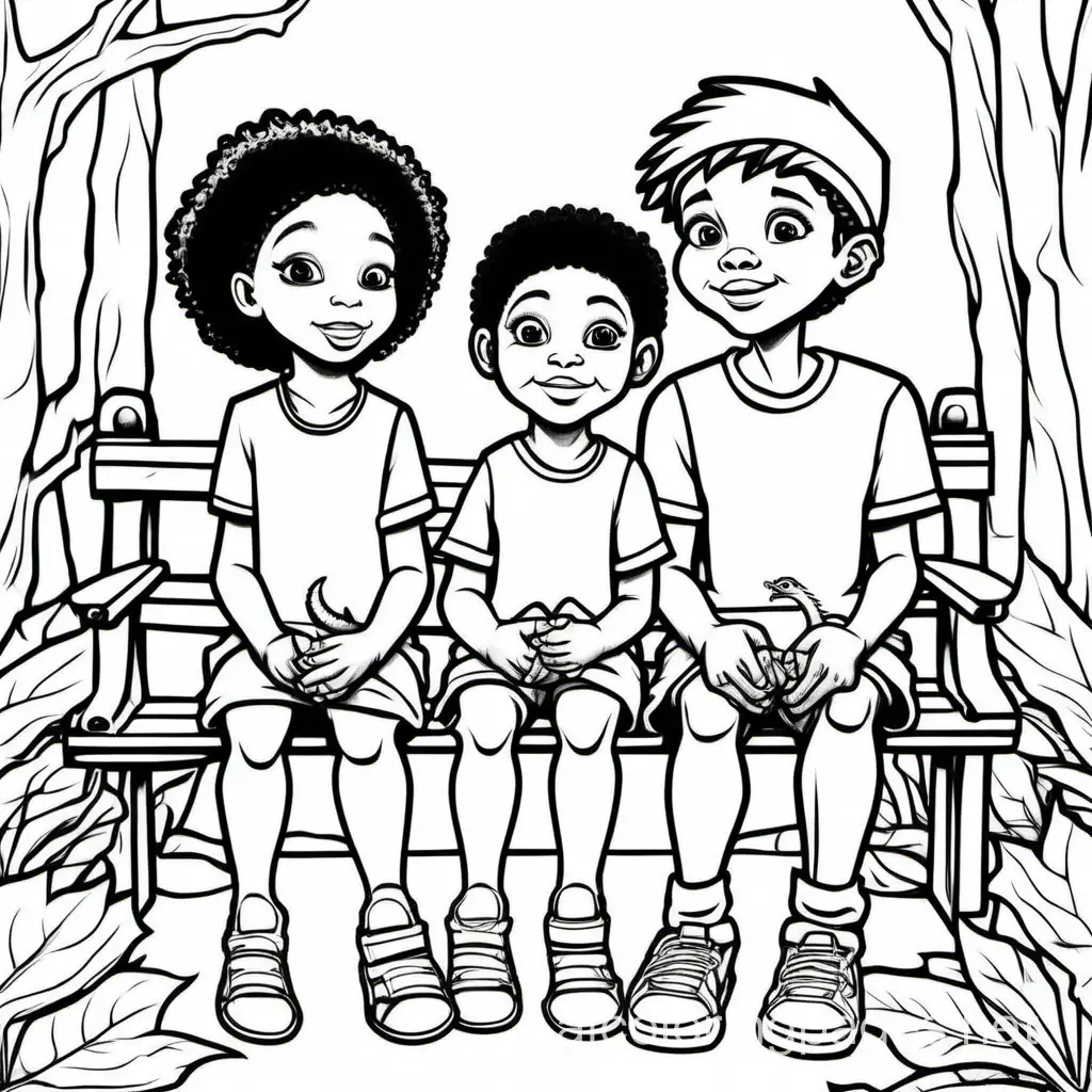 african american boy, indian boy and girl sitting on a bench with 3 baby dragons

, Coloring Page, black and white, line art, white background, Simplicity, Ample White Space. The background of the coloring page is plain white to make it easy for young children to color within the lines. The outlines of all the subjects are easy to distinguish, making it simple for kids to color without too much difficulty