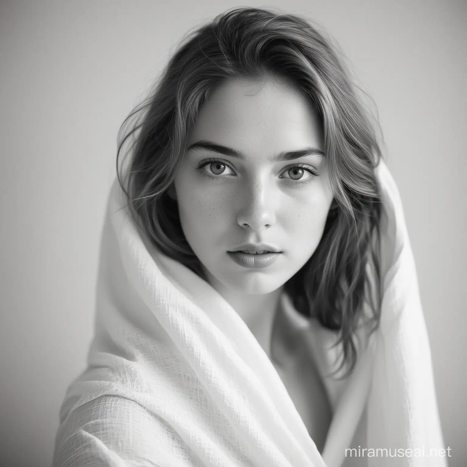 black and white photography, white fabric, using a 35mm lens, f/2, film, grain, beautiful girl, portrait