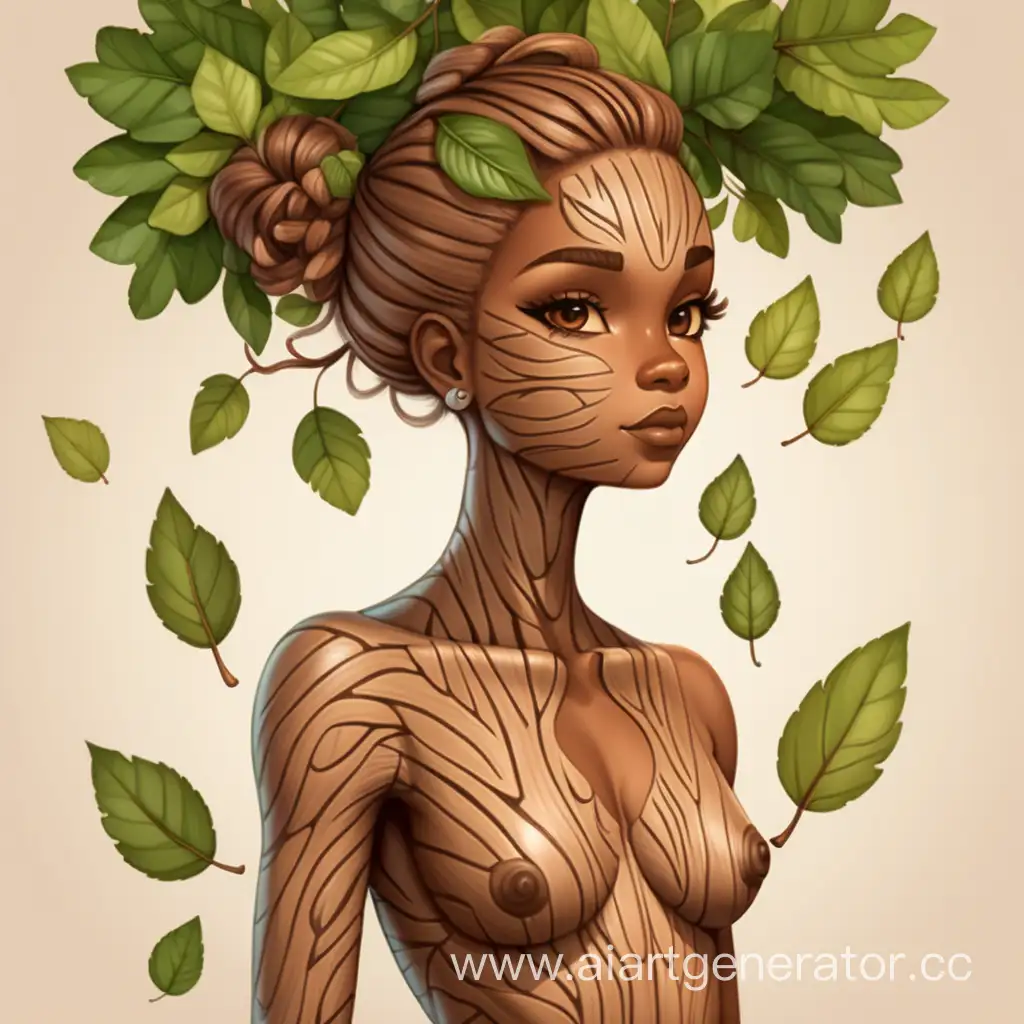 Хуманизация дерева в латексную девушку с деревянной коричневой кожей с листьями вместо волос. Изображение сделать в милой стилистике