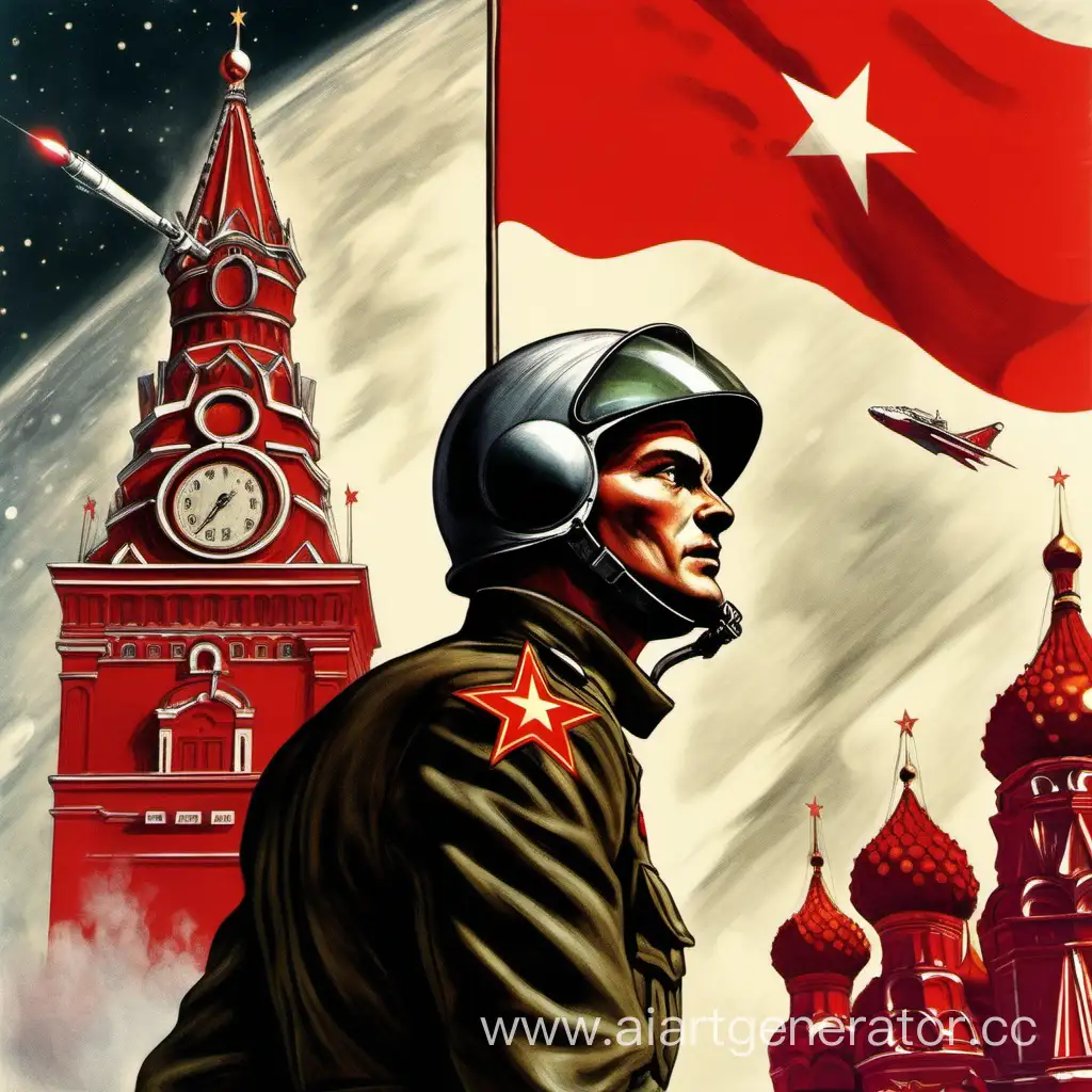 Soviet Soldier holds a red flag in both of his heads, he's wearing a helmet with a red star. He is standing on the Red Square while watching in the sky as the Space Cruiser shows up. The cruiser is charging a laser on the man.