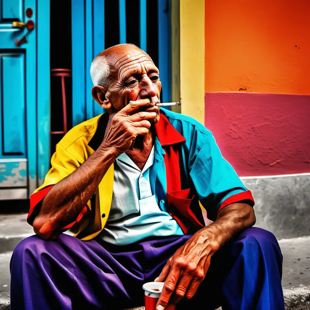 picasso style a man is smoking a cigarette , he is sitting in the streets with a coffe ,the color is fulll of colors this is the summer in cuba 