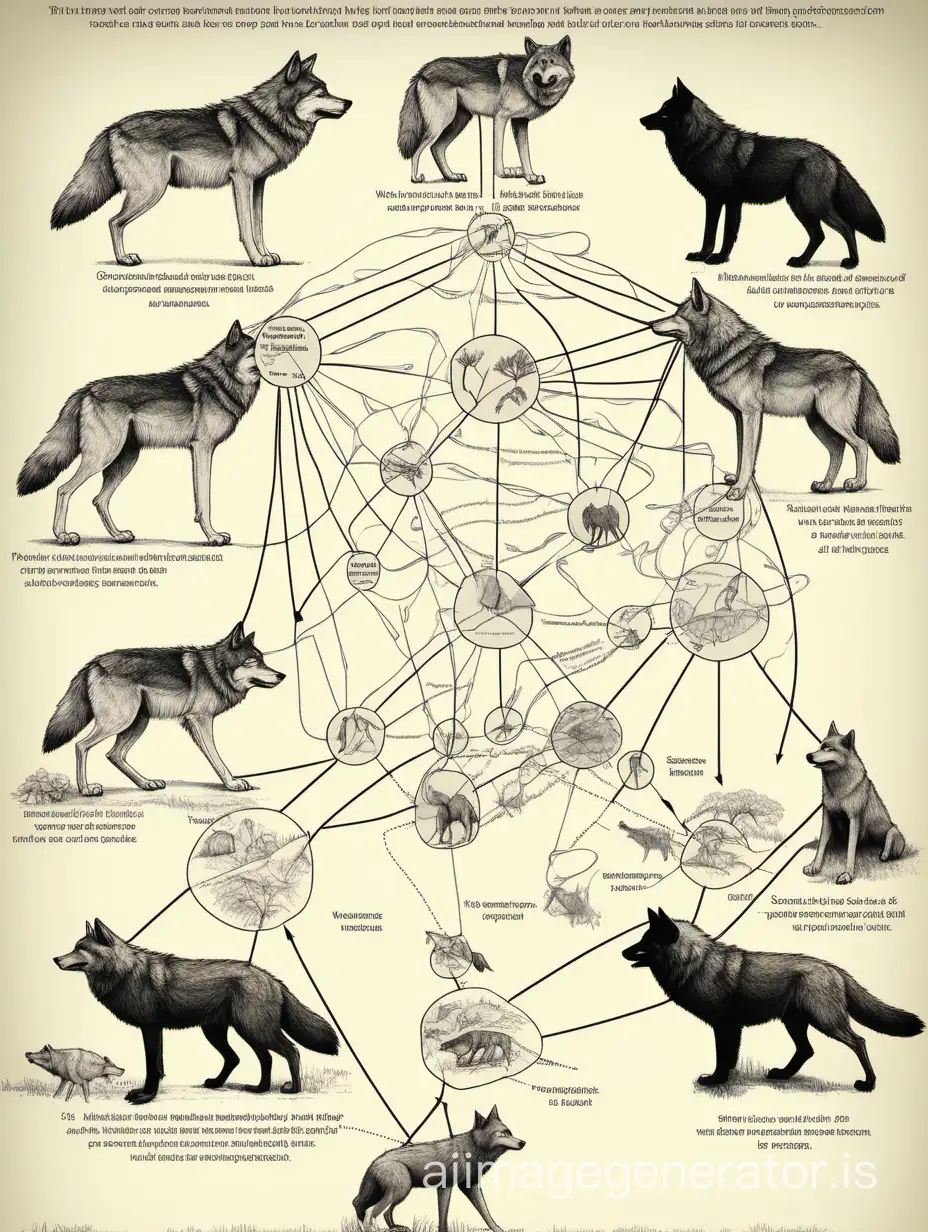 diagrams to visually explain the interconnection of the ecosystem and how the presence of wolves influences the entire food web