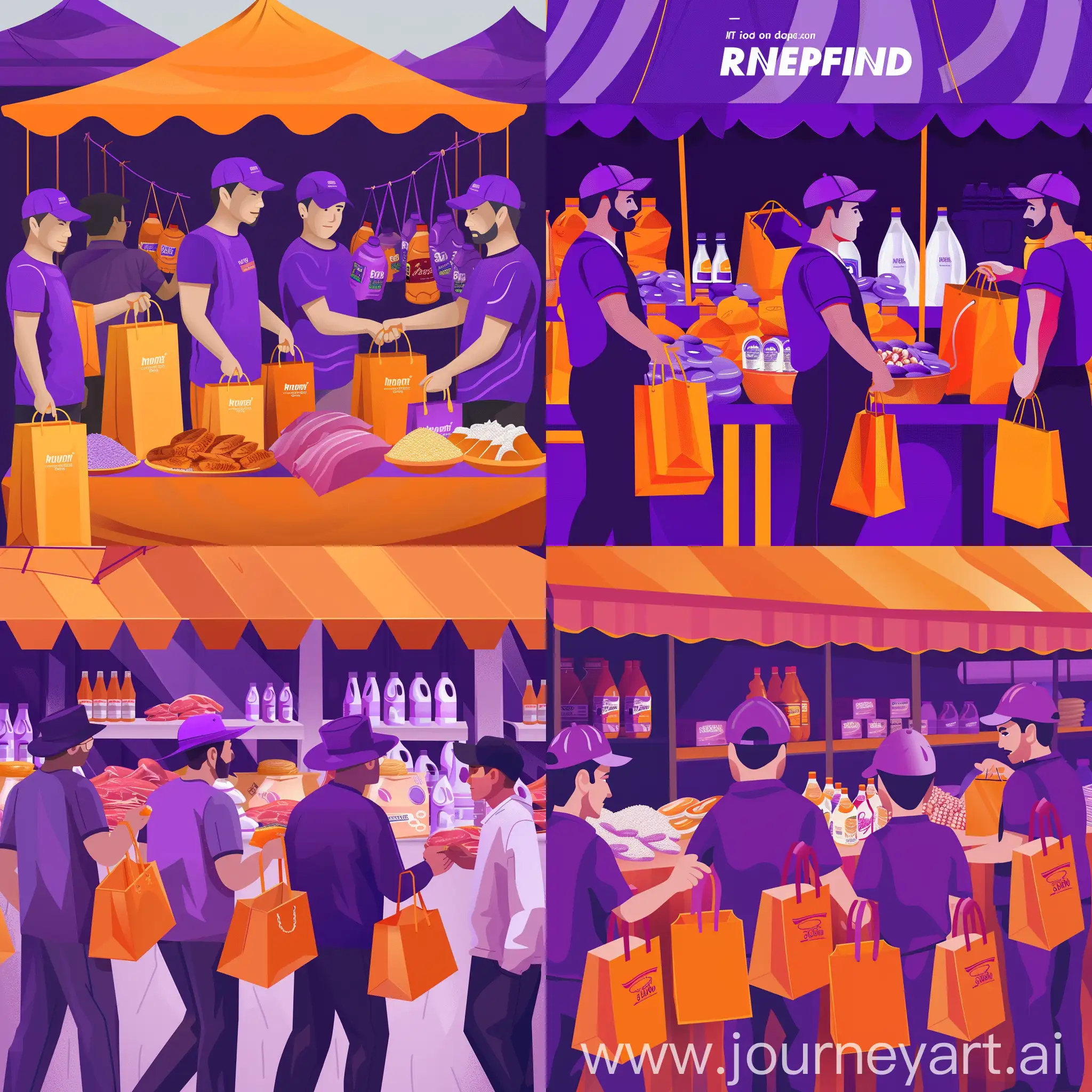 Men-in-Purple-Hats-Handing-Orange-Shopping-Bags-at-a-Colorful-Product-Booth