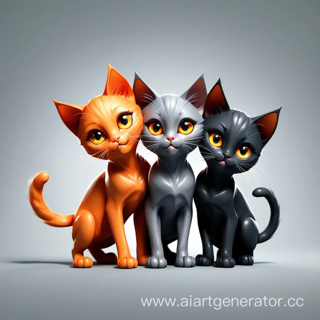 sleek and stylized, orange kitten, grey kitten, black cat, three cats playing