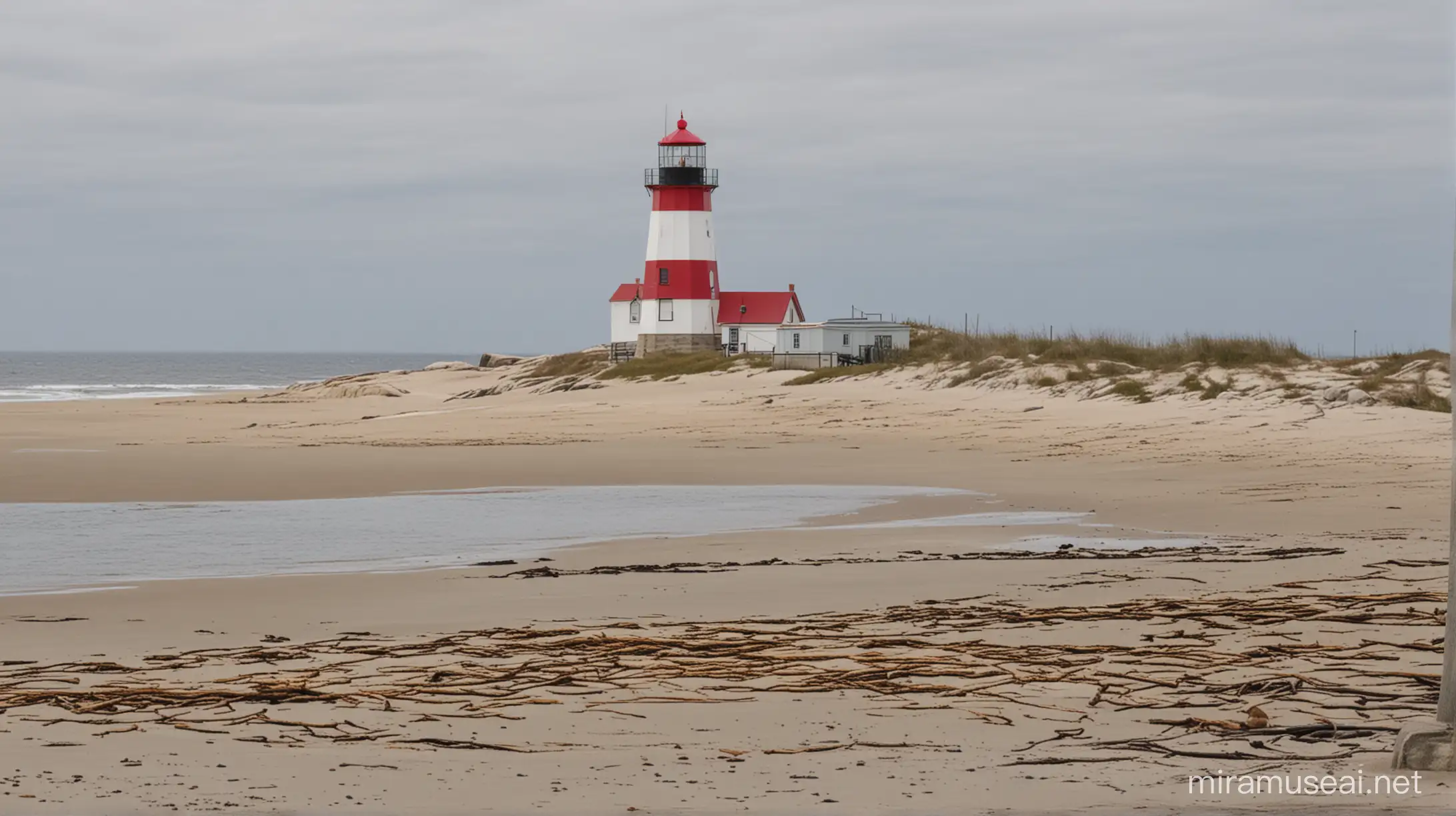 closeup of nova scotia lighthouse with sandy beach in foreground