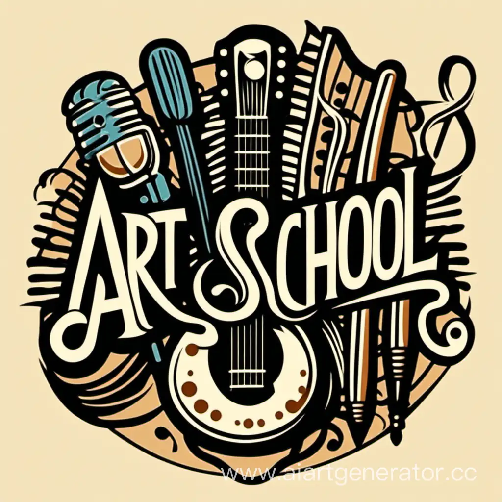 Логотип школы искусств, на котором есть скрипичный ключ, кисточки, палитра, микрофон и гитара