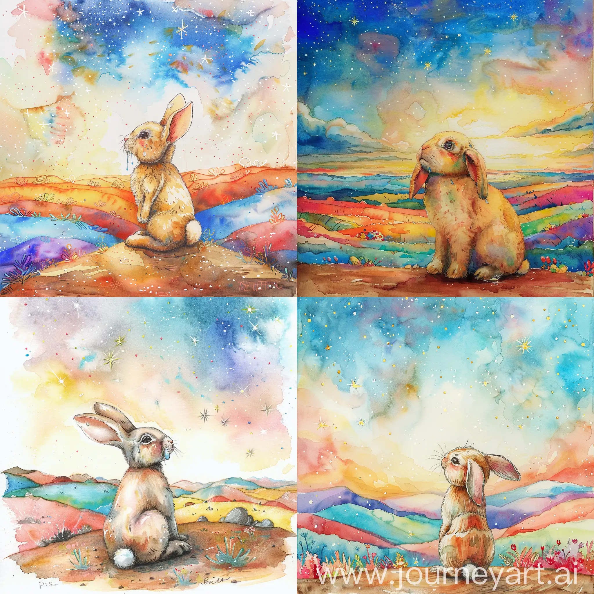 Young little rabbit, tearful, alone, looking up at the sky in the distance, watercolor painting, bright stars, surrounded by colorful landscape, side view, rear view
