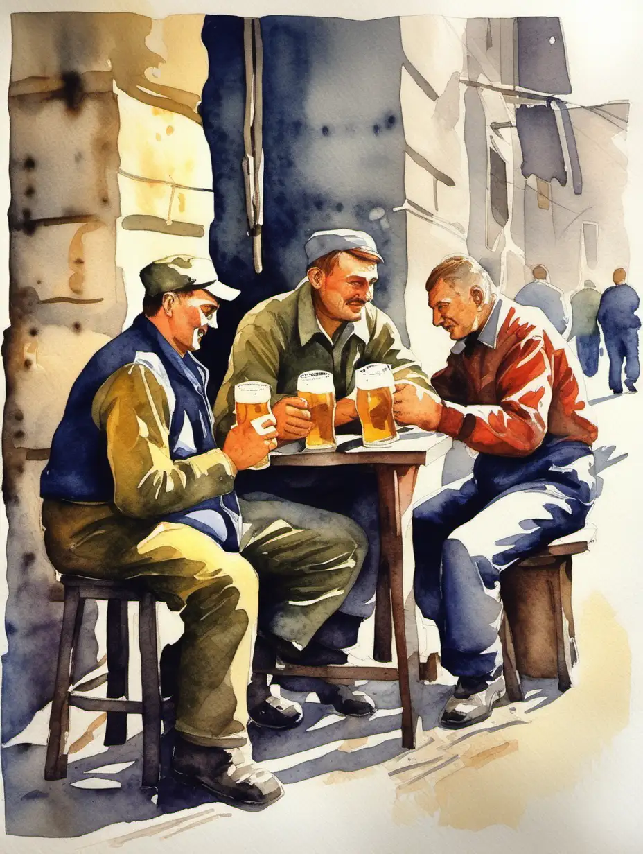 Workers Drinking Beer in USSR Street Watercolor Painting