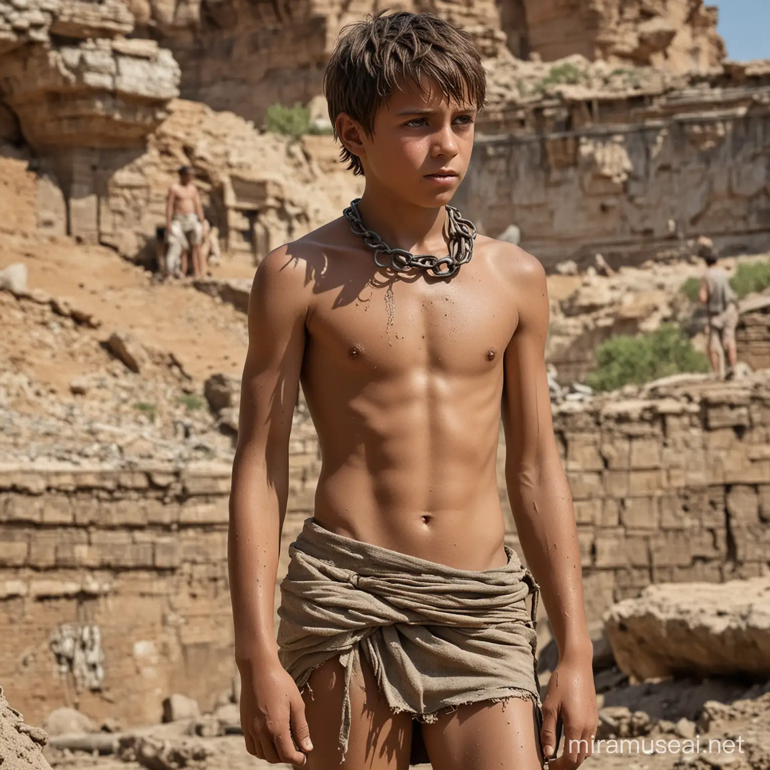 A photorealistic image of a muscular but hungry, well-tanned 14-year-old slave boy with a long torso in Ancient Rome. The boy is working in an ancient quarry. The boy has scars on his chest. (The boy wears only a very short, ragged loincloth worn low about the hips.) (The boy looks very young an innocent.) (The boy appears to be very dirty and covered in dirt.) The boy has long, messy hair. The boy is barefoot. The boy has very large and wide feet. The boy has very long toes. boy’s face is very clear and detailed. The boy is very innocent looking and has large eyes. The boy has a slave collar tightly encircling his neck. (((The iron collar is tight around the boy's neck.))) The iron collar is wrapped tightly around the boy's neck. The slave collar is shown in detail. Nothing covers the boy's feet. The boy has long, messy hair. The quarry is very hot and dry. (((The boy looks like a slave.))) ((The boy's feet have 5 long toes with toenails.)) (((The boy's feet are very detailed.))) The boy has a well-defined chest and abdomen.