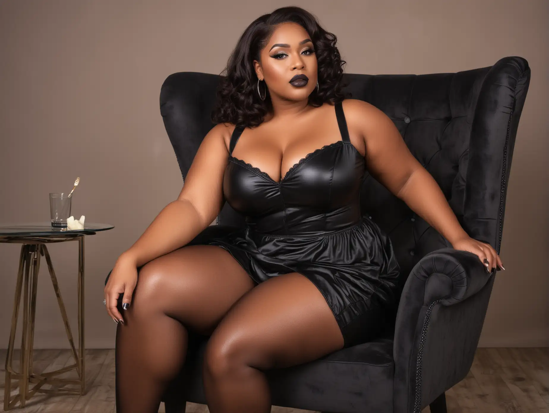 Seductive pretty brown skin plus size black woman with full face makeup black lips in black dress sitting in a chair with legs crossed 