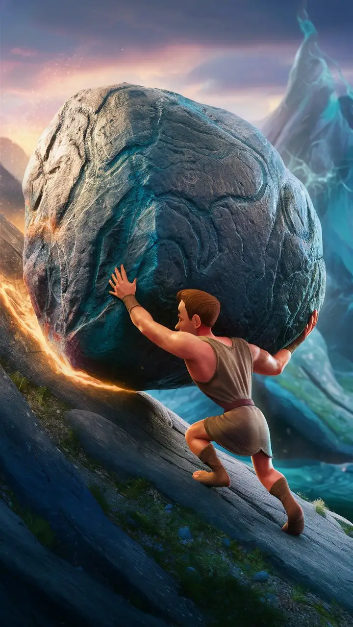 Create a 3D illustrator of an animated image of a man pushing a huge rock. 