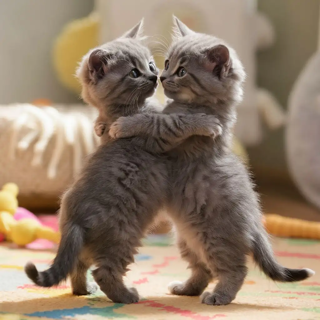 Два серых котенка стоят на задних лапах и обнимаются