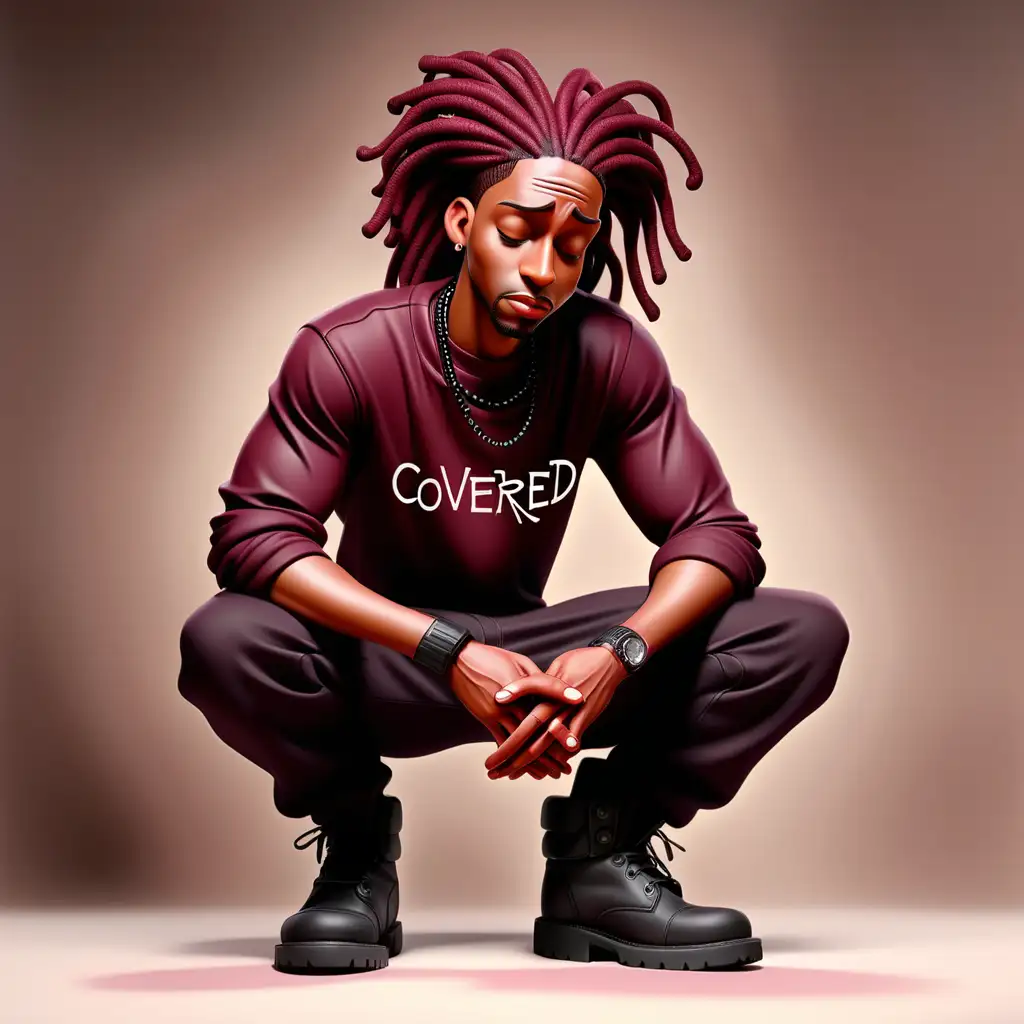 Create an airbrush image of a beautiful black man with burgundy and black locs with black burgundy shirt with words "Covered" written on it in black letters, black cargo pants, black boots, standing praying with eyes closed.