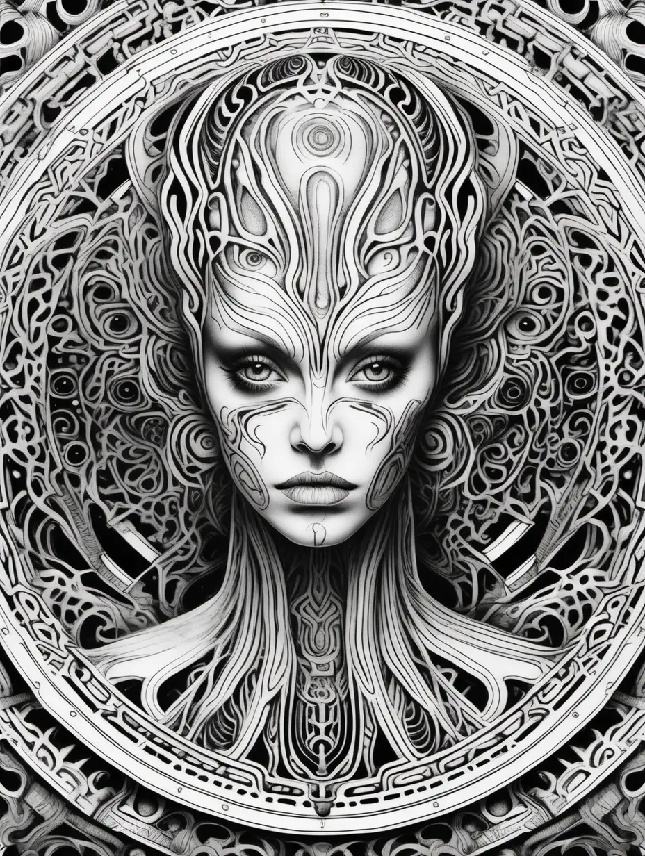 Adult coloring book page. High details. Black and white. No grayscale. Open spaces for coloring. Perfect symmetry mandala scaled for ar 3:4. Terrified woman with transparent skin, in style of H.R. Giger