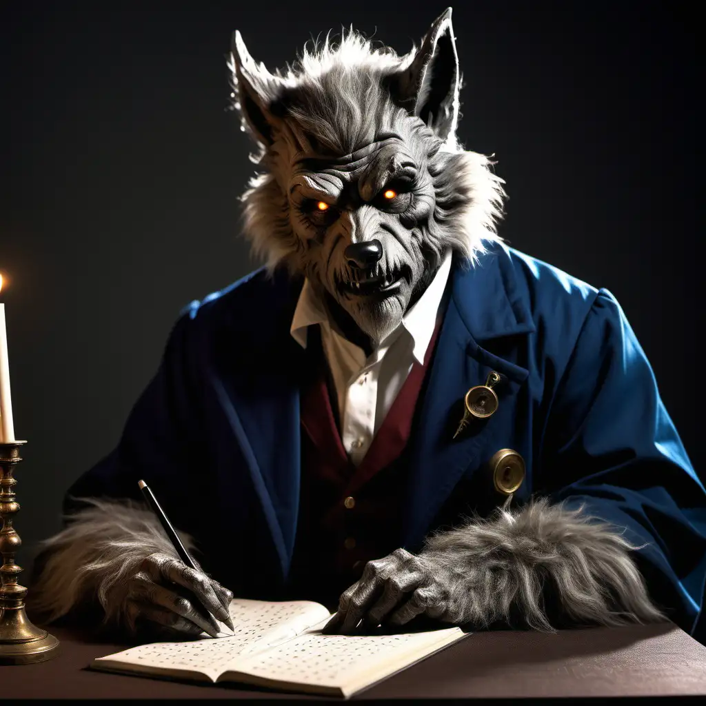 An aristocratic wolfman scientist writing a mathematical proof