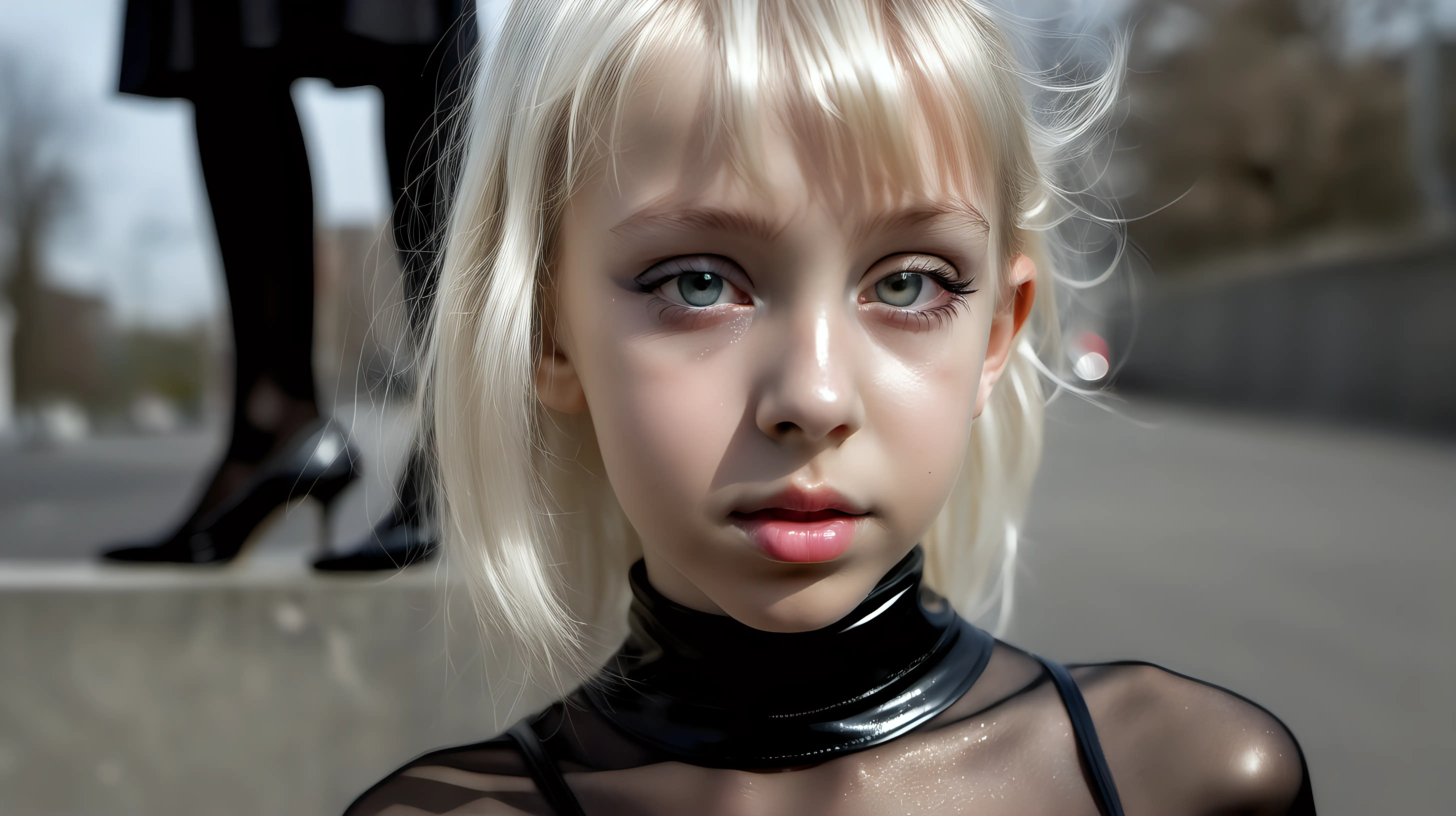 Gothic Little Blond Girl and Mother in Neonlit Street Portrait
