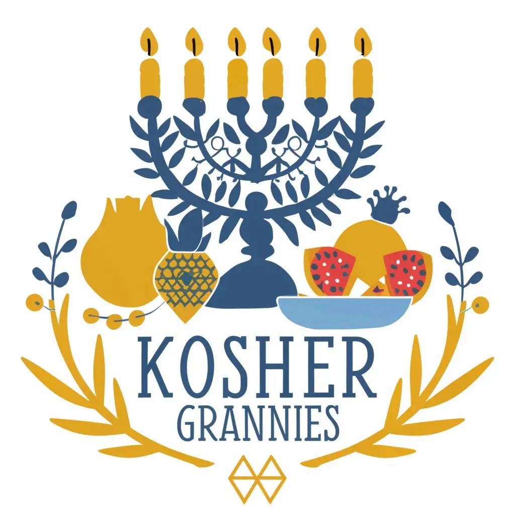 logo, Israel, yellow, blue, white, Menorah 7 branches, Paul Klee, pomegranate, star of David, on tablecloth, divided on kitchen tiles, with the text "Kosher Grannies", typography, be used in the automotive industry