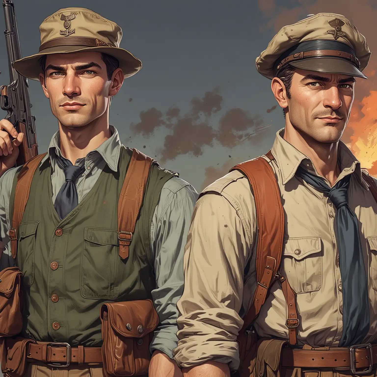 Avatar for strategy game in 1940s, unit - 2 farmers armed with shotguns, drawn in comic style colored