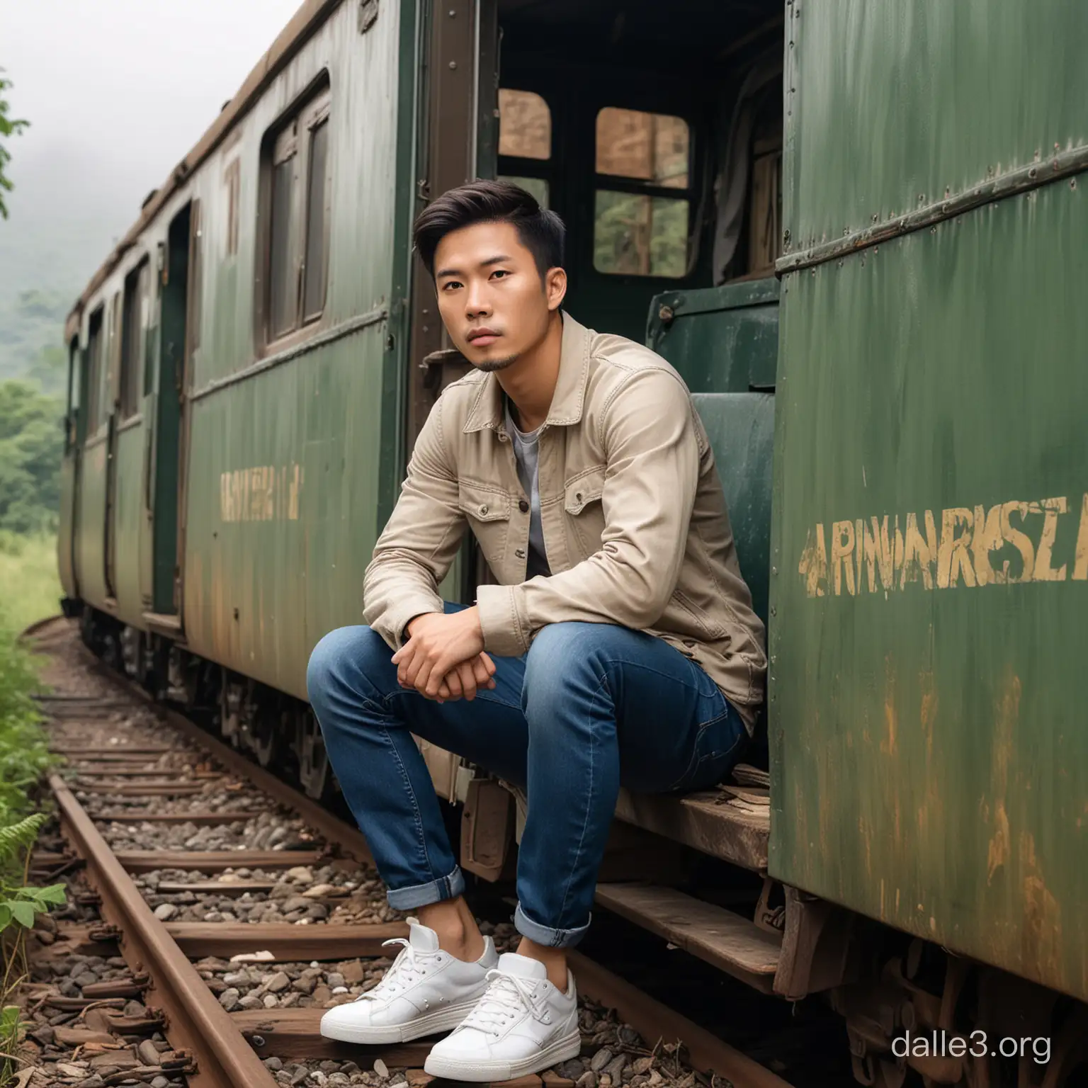 create a very realistic picture of a handsome 27 year old white Asian man, neat short hair, casual clothes, jeans, sneakers, sitting in front of the door of a stopped train carriage, train, broken and dusty train carriage and overgrown with bushes and moss, background of old unused train station in rainforest, cloudy weather,