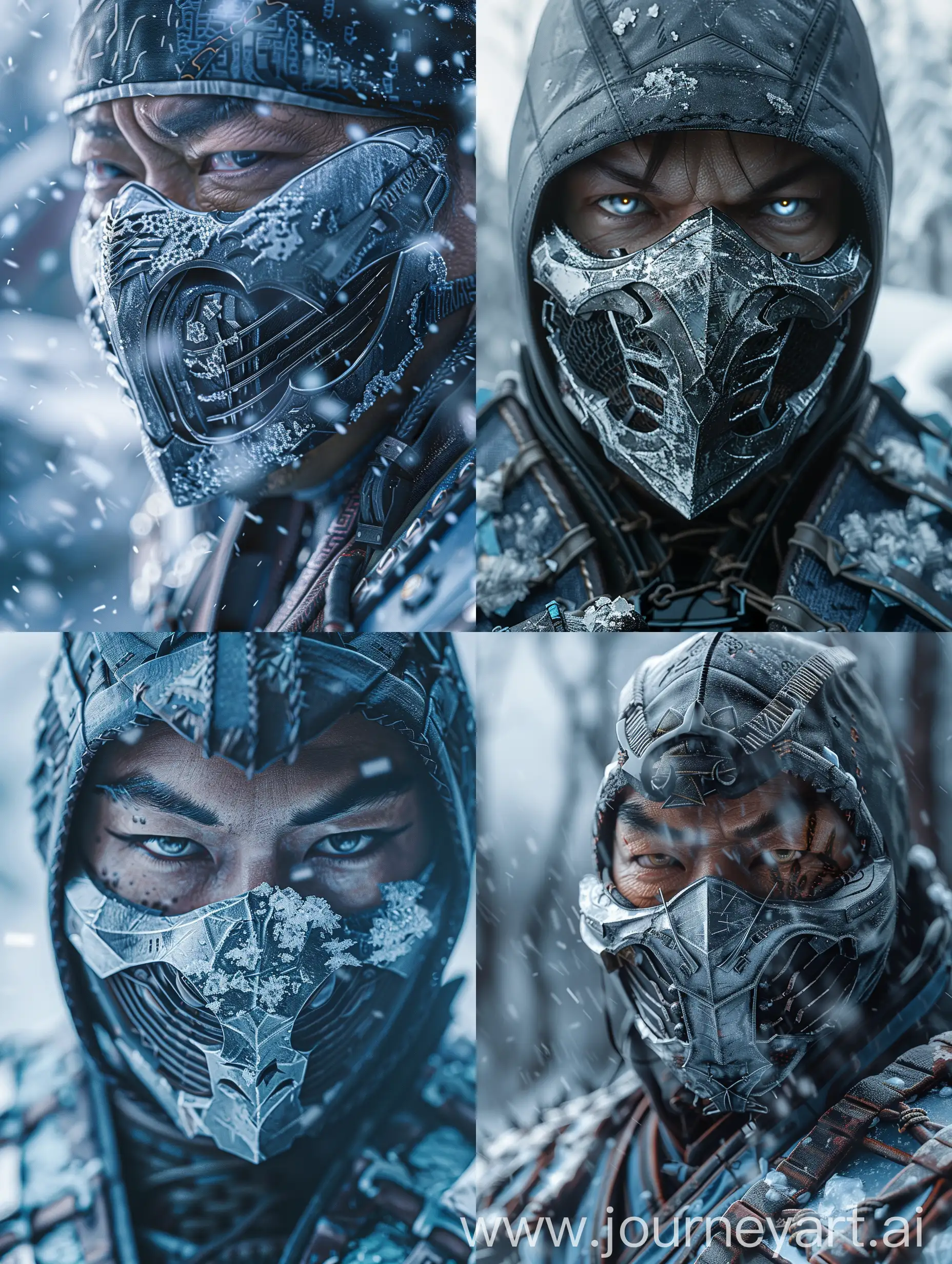 a close up of a person wearing a mask, inspired by Kanō Hōgai, reddit, cobra, snoop dogg in mortal kombat, armor made of ice, shattered sky cinematic, mk ninja, cinematic pose, tom hardy, wearing techwear and armor, avatar image