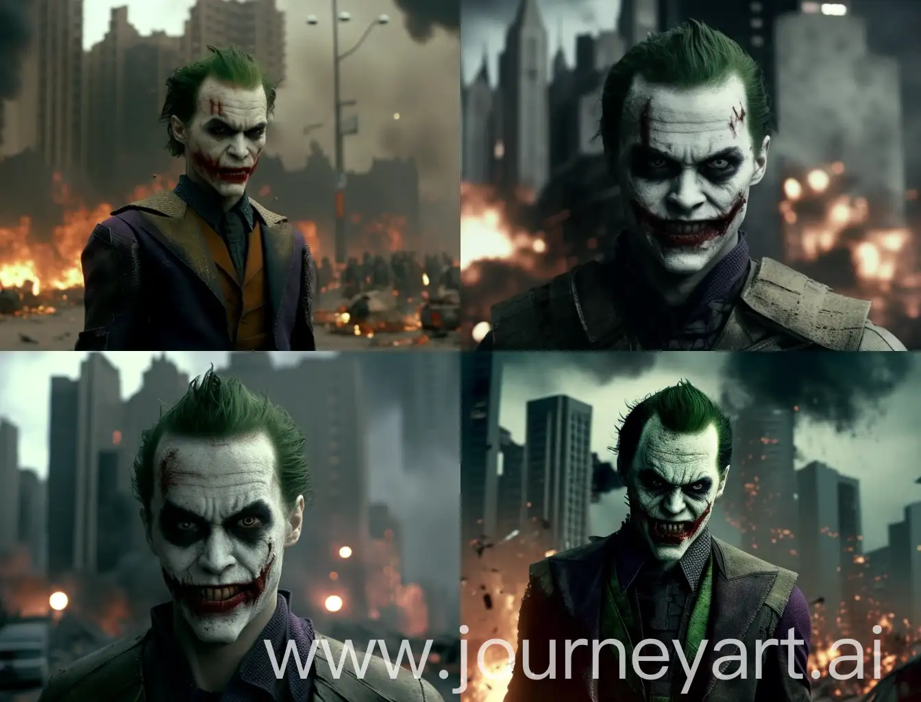 The Joker has a different face and a zombie-like face, facing the camera and half of his body is visible, his facial makeup is mixed and spread, and he looks at the camera with a strange smile, behind that is a destroyed city with destroyed and destroyed buildings and fire. It is taken along with a lot of horrible zombies that are wandering around, cinematic mode, the joker is standing almost away from the camera and half of his body is completely visible and the position of those zombies is completely clear.
