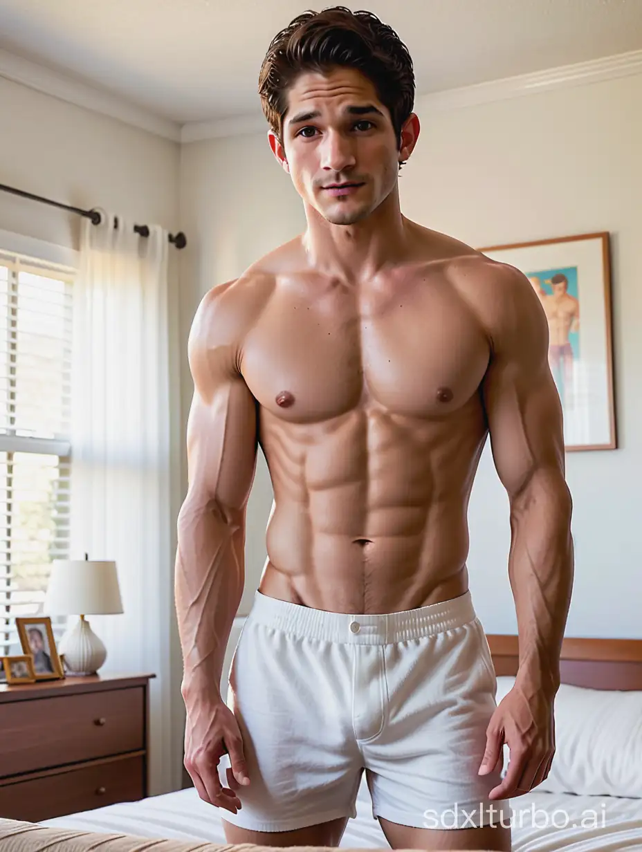 
Tyler Posey with ripped eight pack abs, shirtless in white boxers in 1950s suburban LA bedroom, face and body photo, 16k, medium shot, very high quality, very high resolution, fitness, macho, virile, masculine, sexy, youthful,