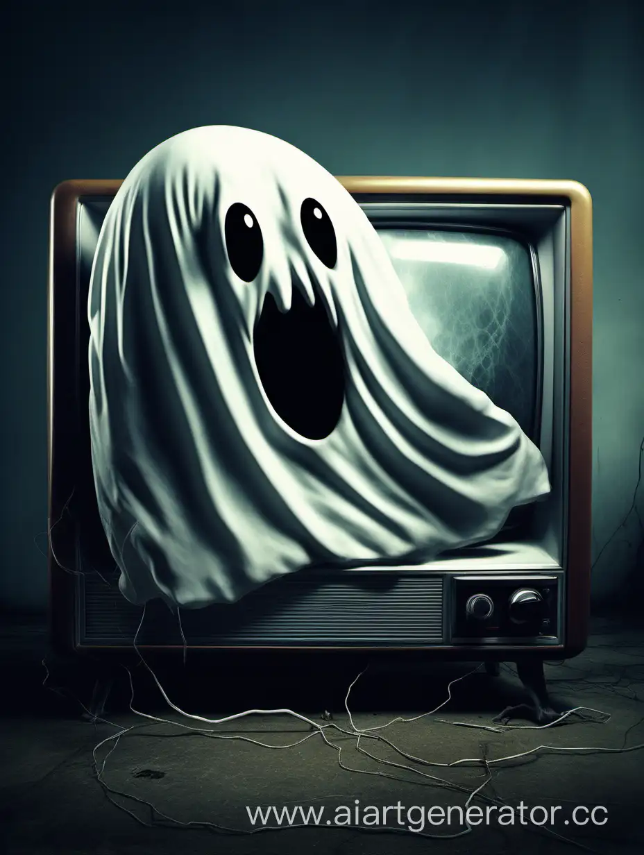 A funny  ghost crawls out of an old TV