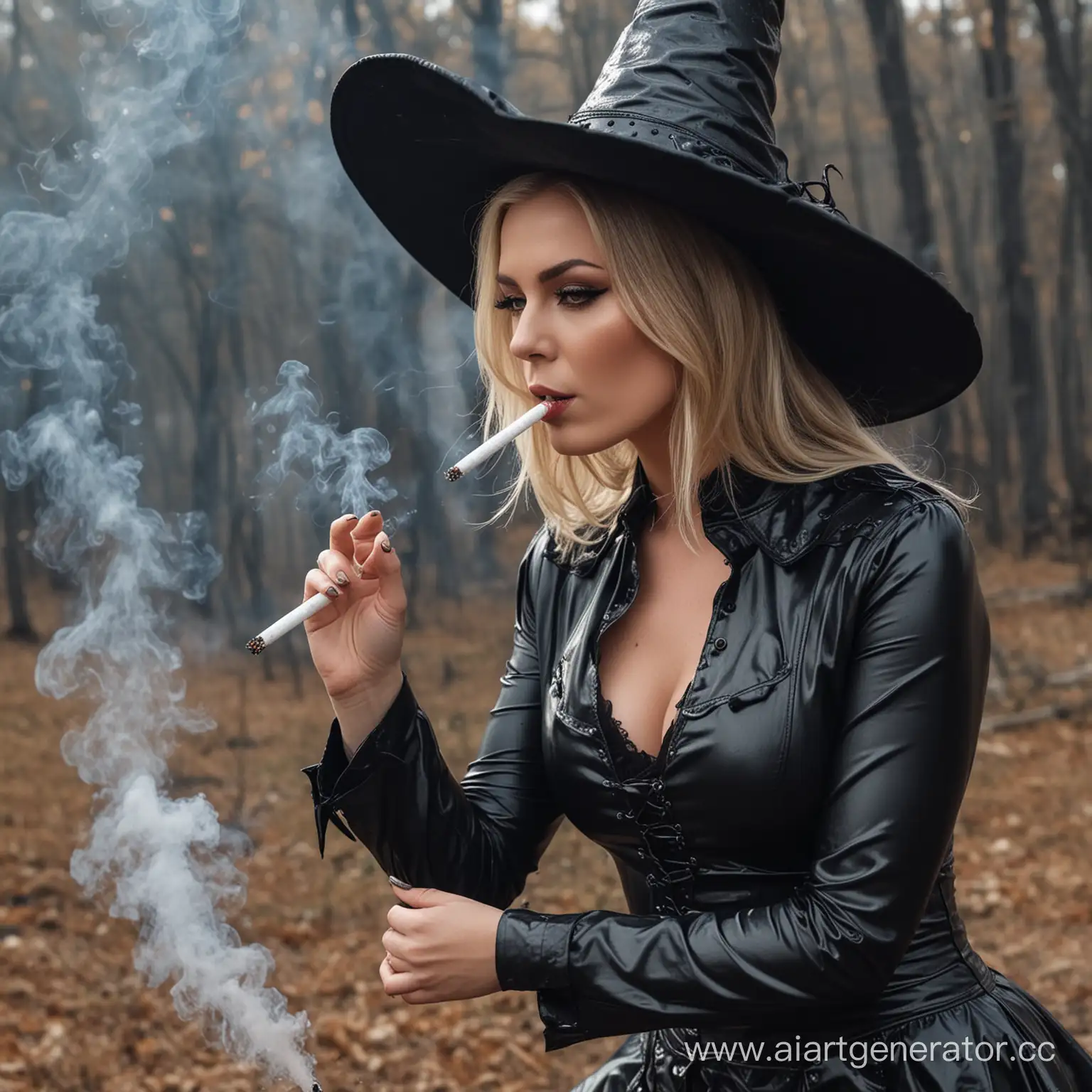 Beautiful female witch in latex smoking cigarette and dumping ashes on a man